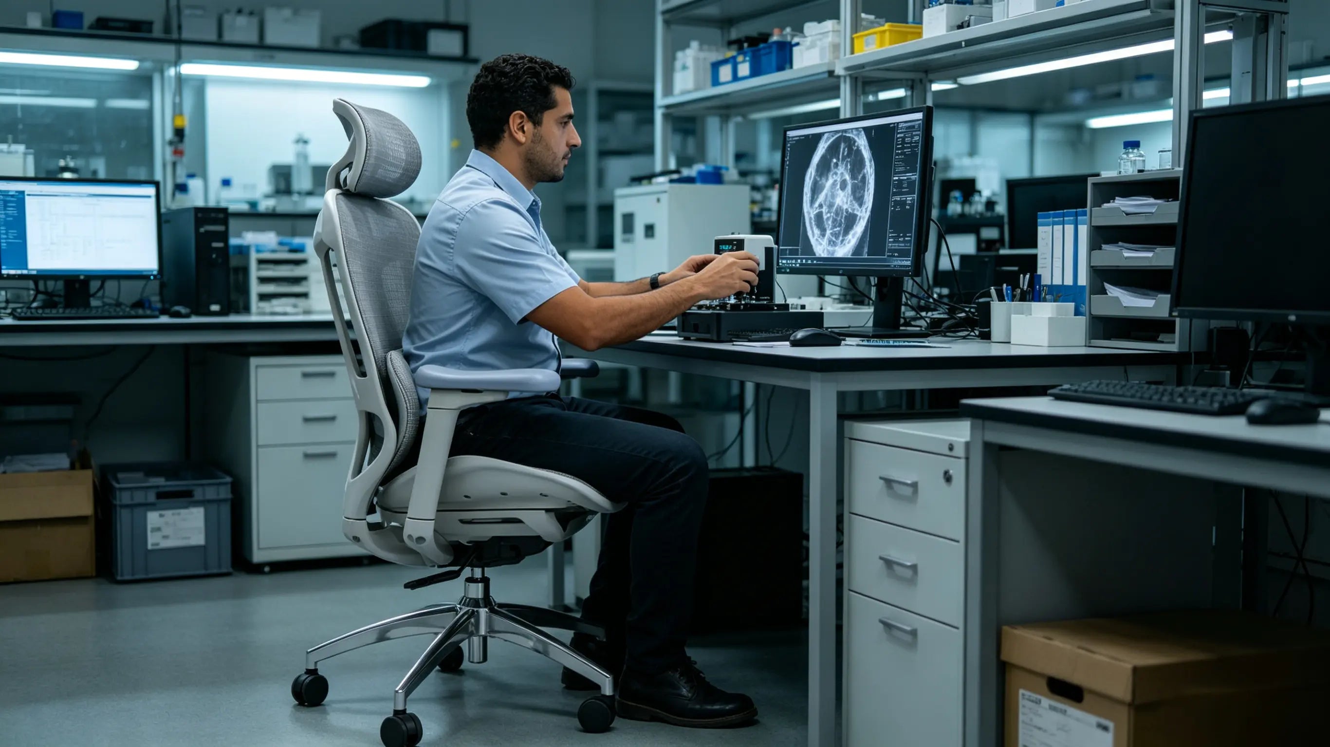 Hugo enhancing critical visual evidence while sitting on his High Back Ergonomic Mesh Task Chair in Madrid.