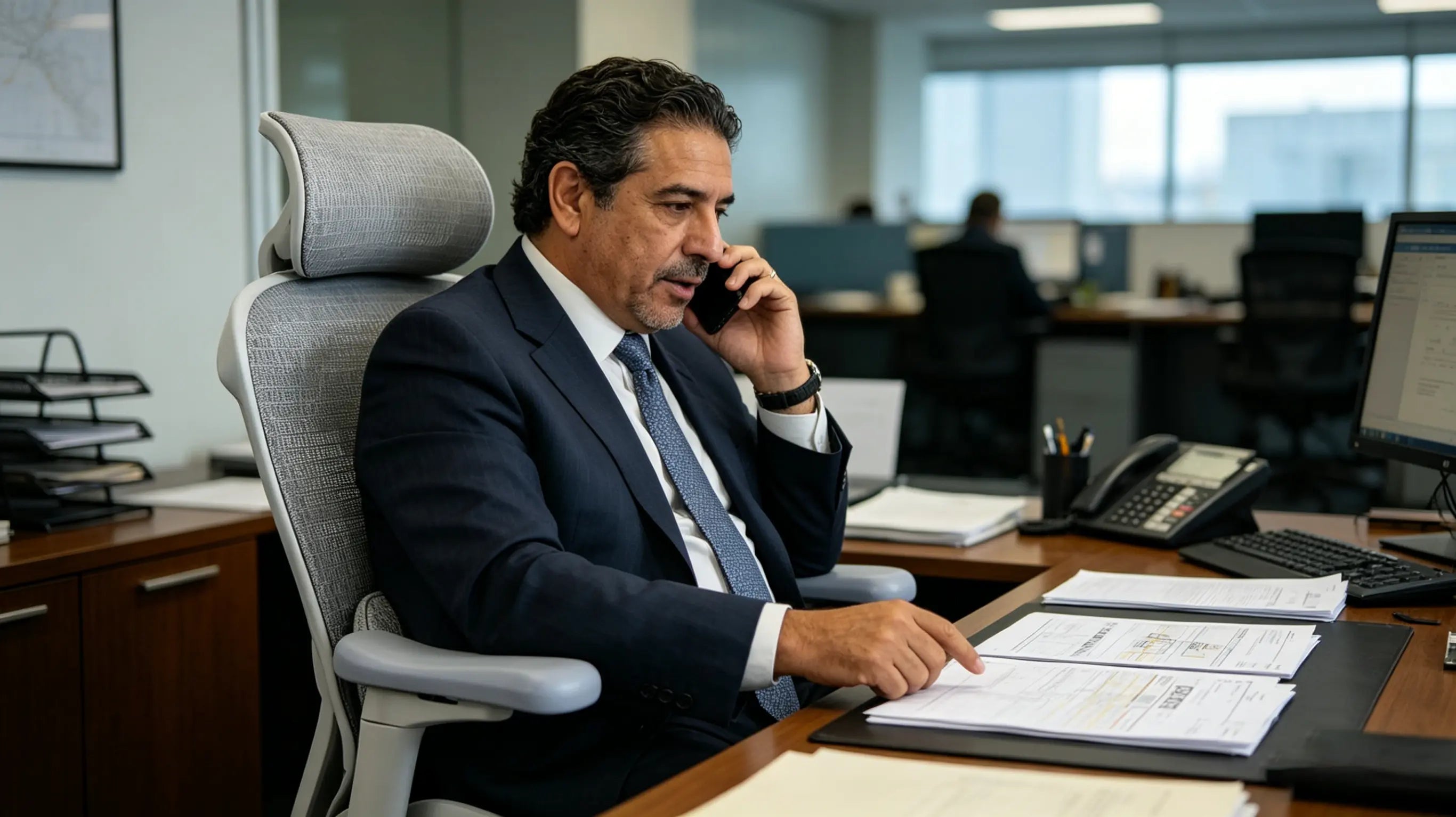 Carlos auditing global shipping documents while sitting on his High Back Ergonomic Mesh Task Chair in Madrid.