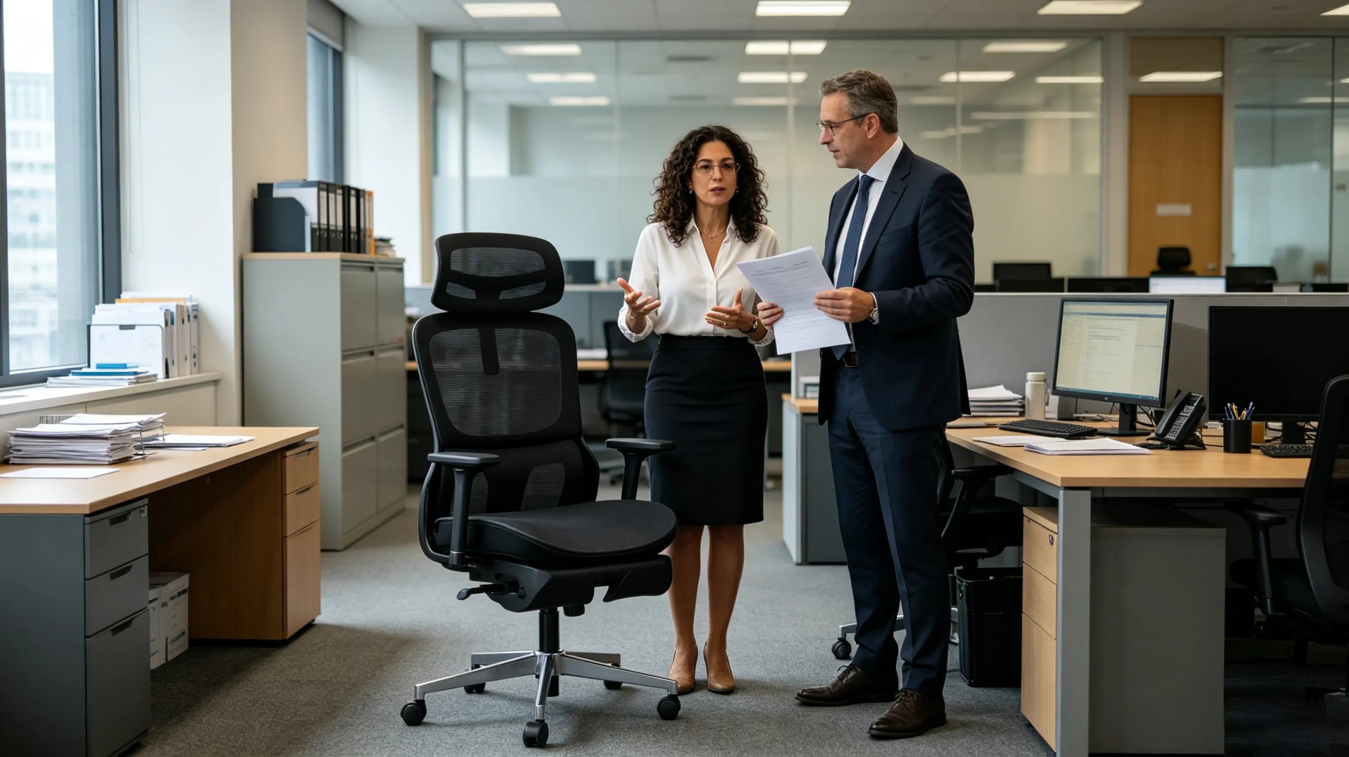 Doña Isabel, experta en cumplimiento financiero de 42 años, trabajando en su silla ergonómica escritorio de Ergo Select en Sevilla.