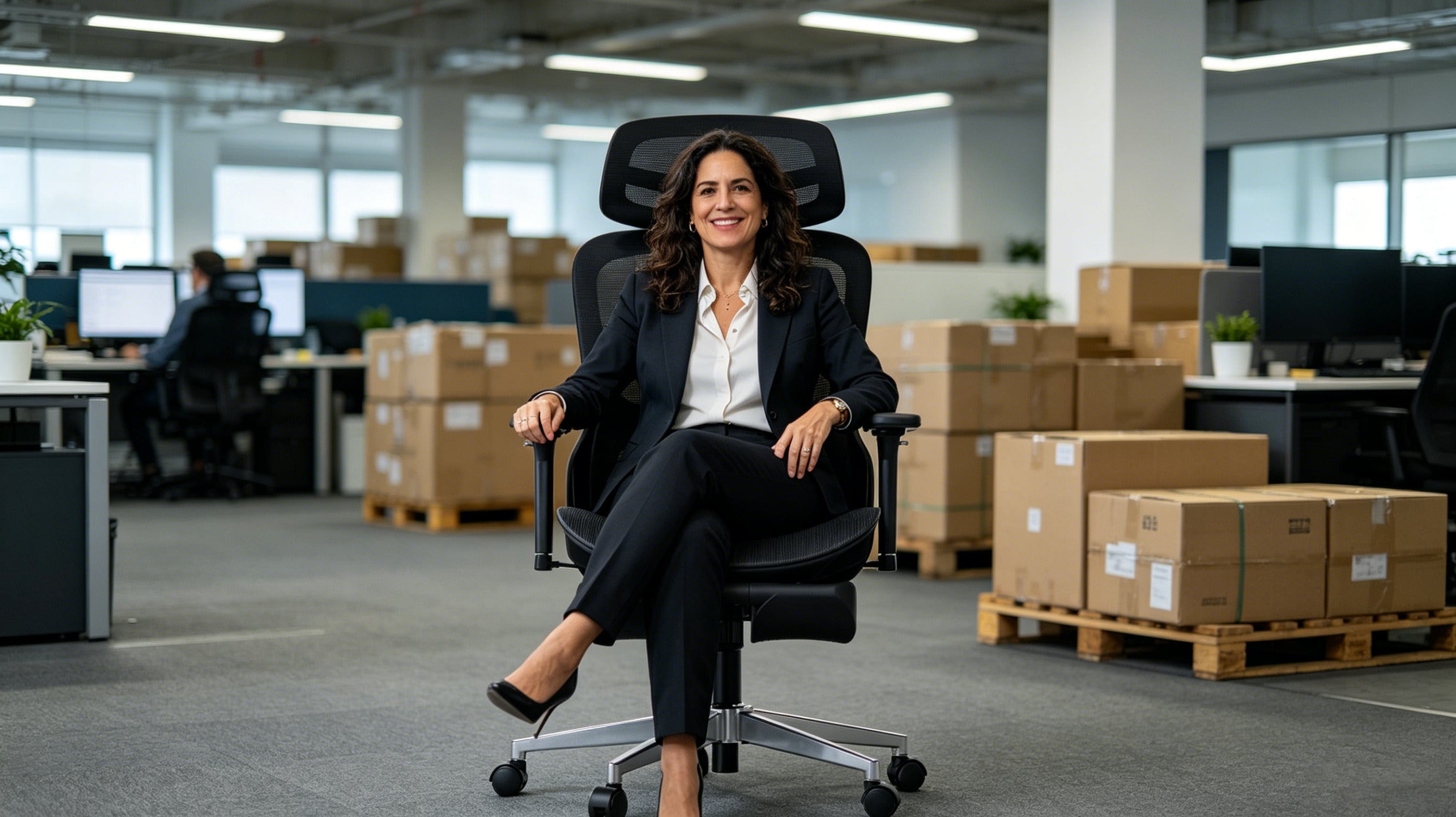 Doña Claudia, directora de logística de 41 años, coordinando flotas globales en su Professional Executive Mesh Ergonomic Chair en Barcelona.