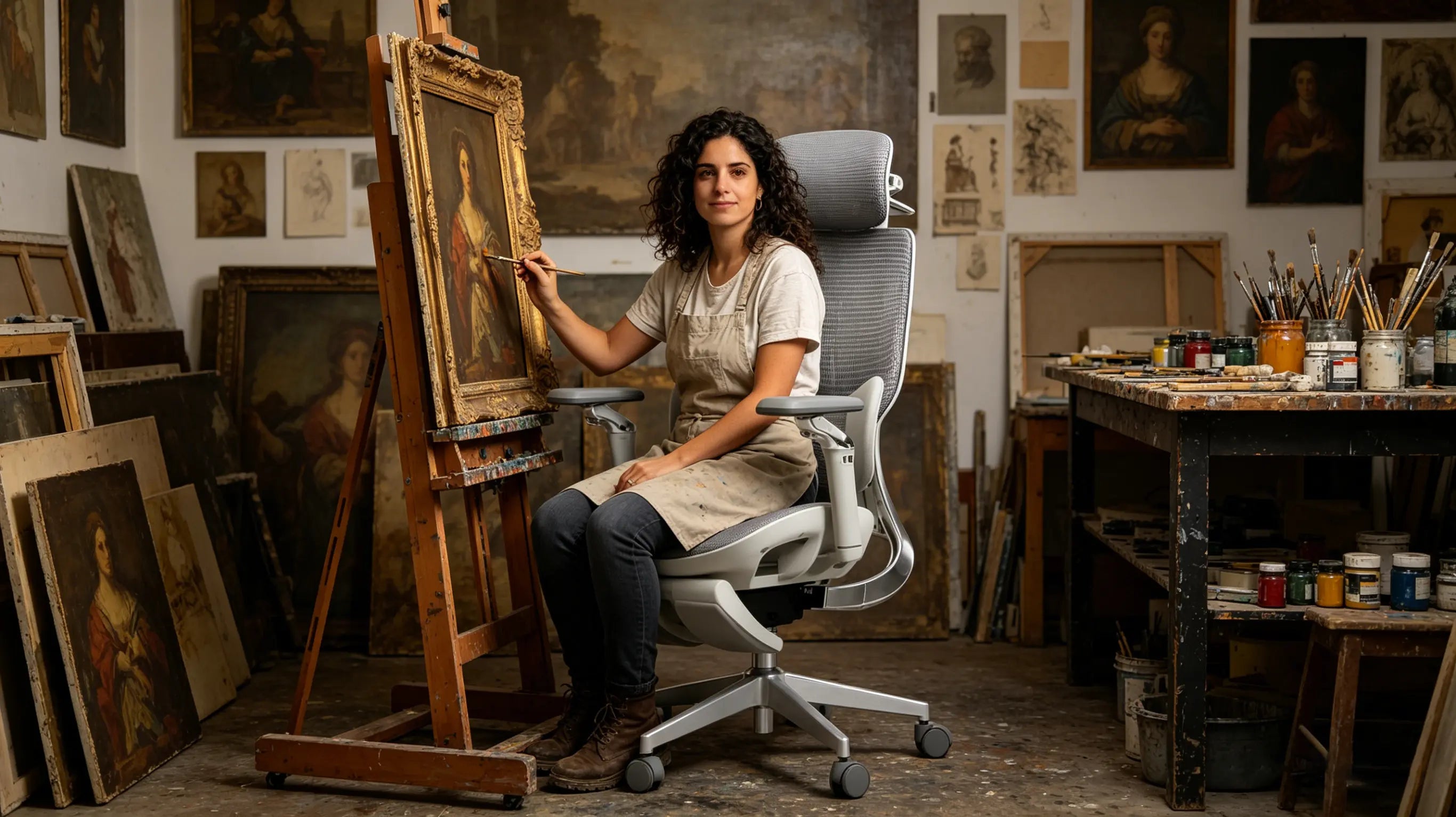 Lucía trabajando en la restauración de un cuadro antiguo sentada en su ergonomic office chair Ergo Select en Barcelona.