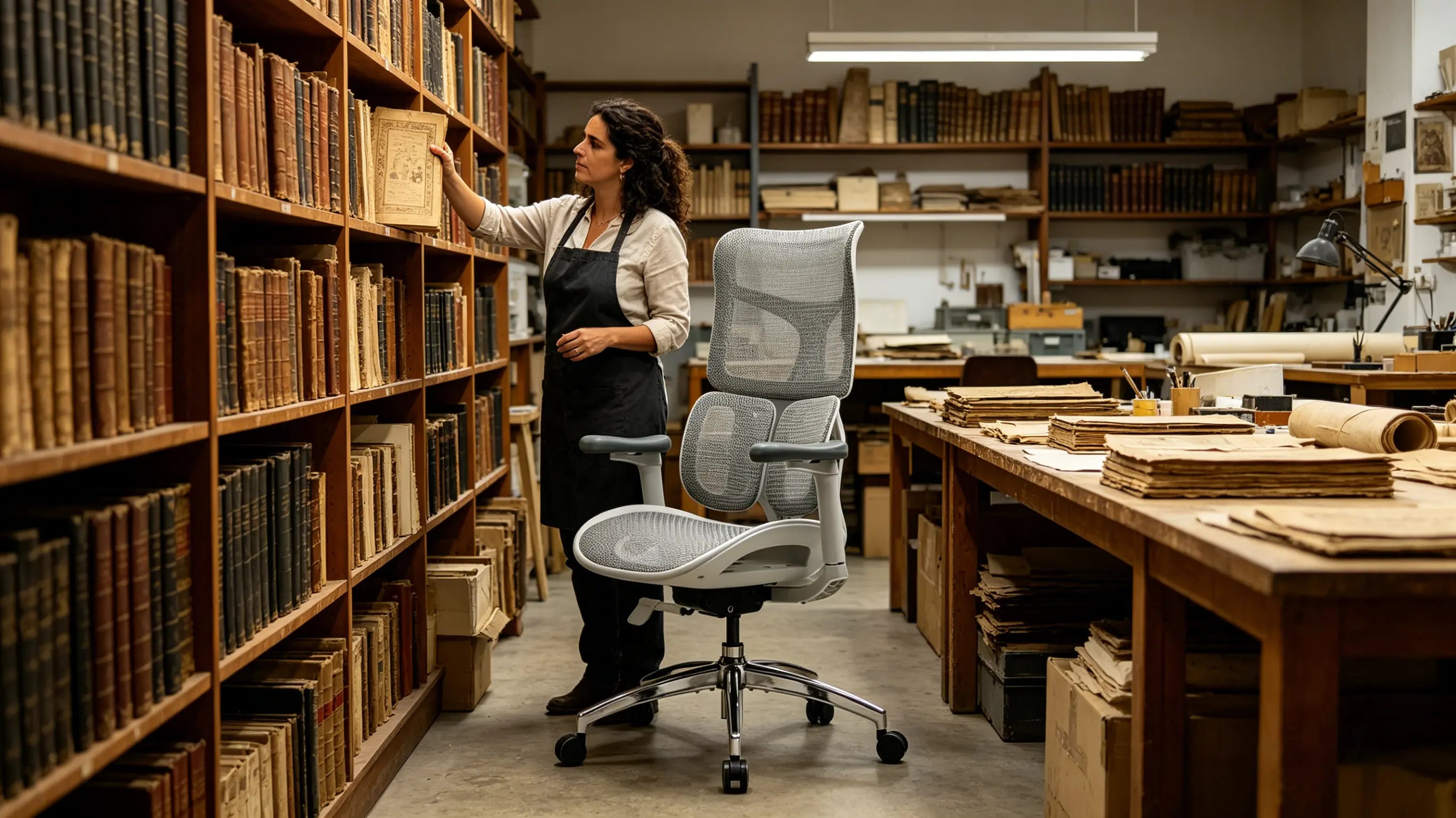 Sofía restaurando un manuscrito antiguo sentada en una de las mejores sillas de escritorio de Ergo Select en Salamanca.