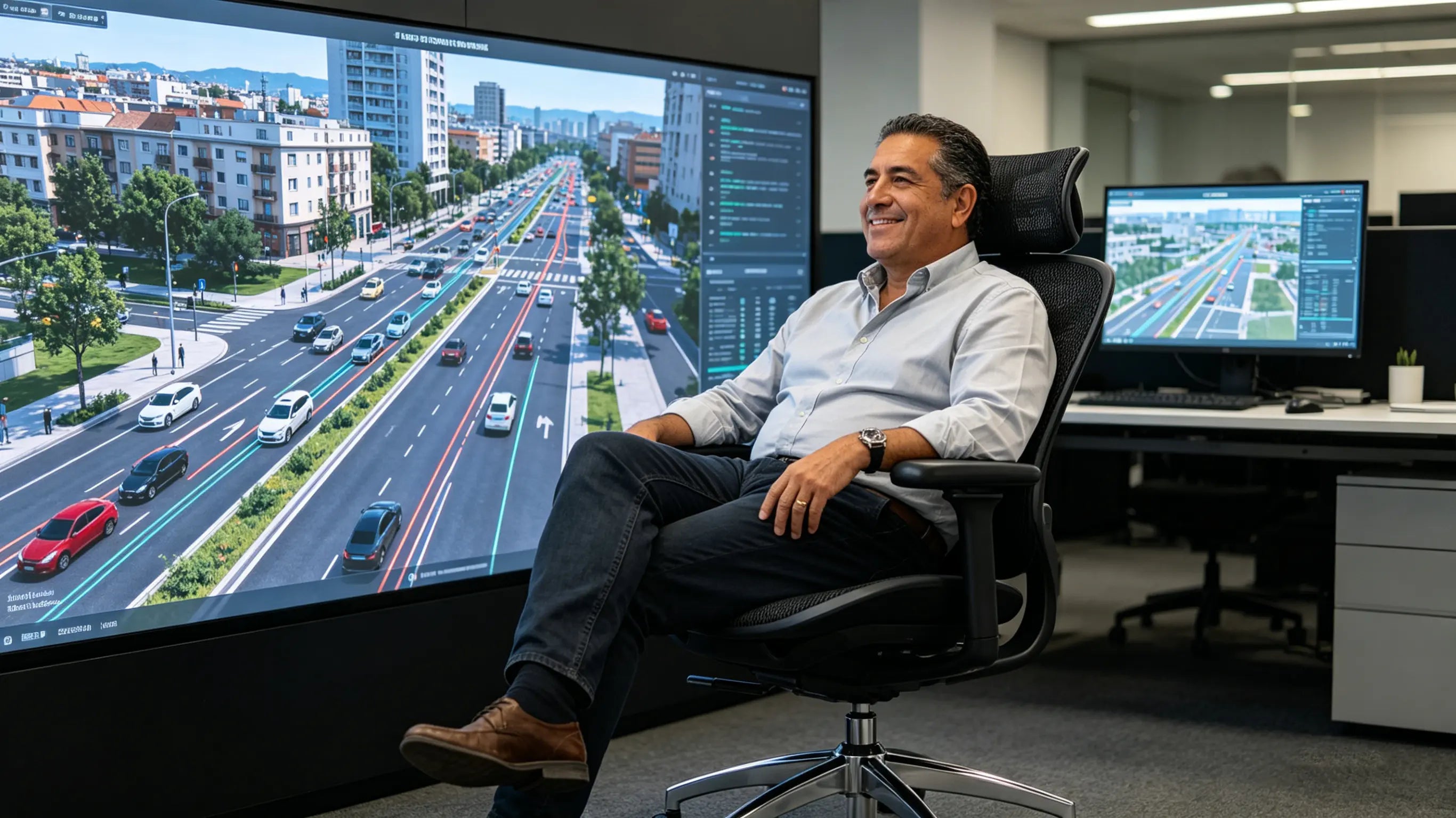 Alberto analyzing urban traffic flow simulations while sitting on his High Back Ergonomic Mesh Task Chair in Madrid.