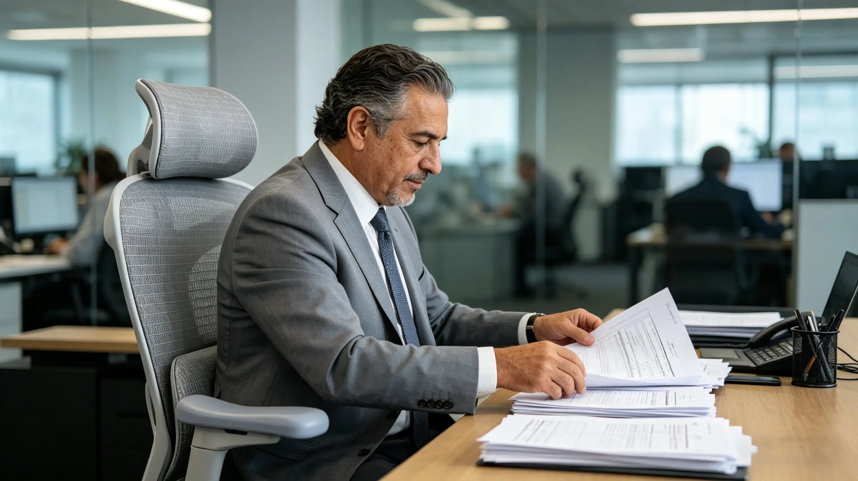Antonio reviewing annual financial statements while sitting on his High Back Ergonomic Mesh Task Chair in Palma.