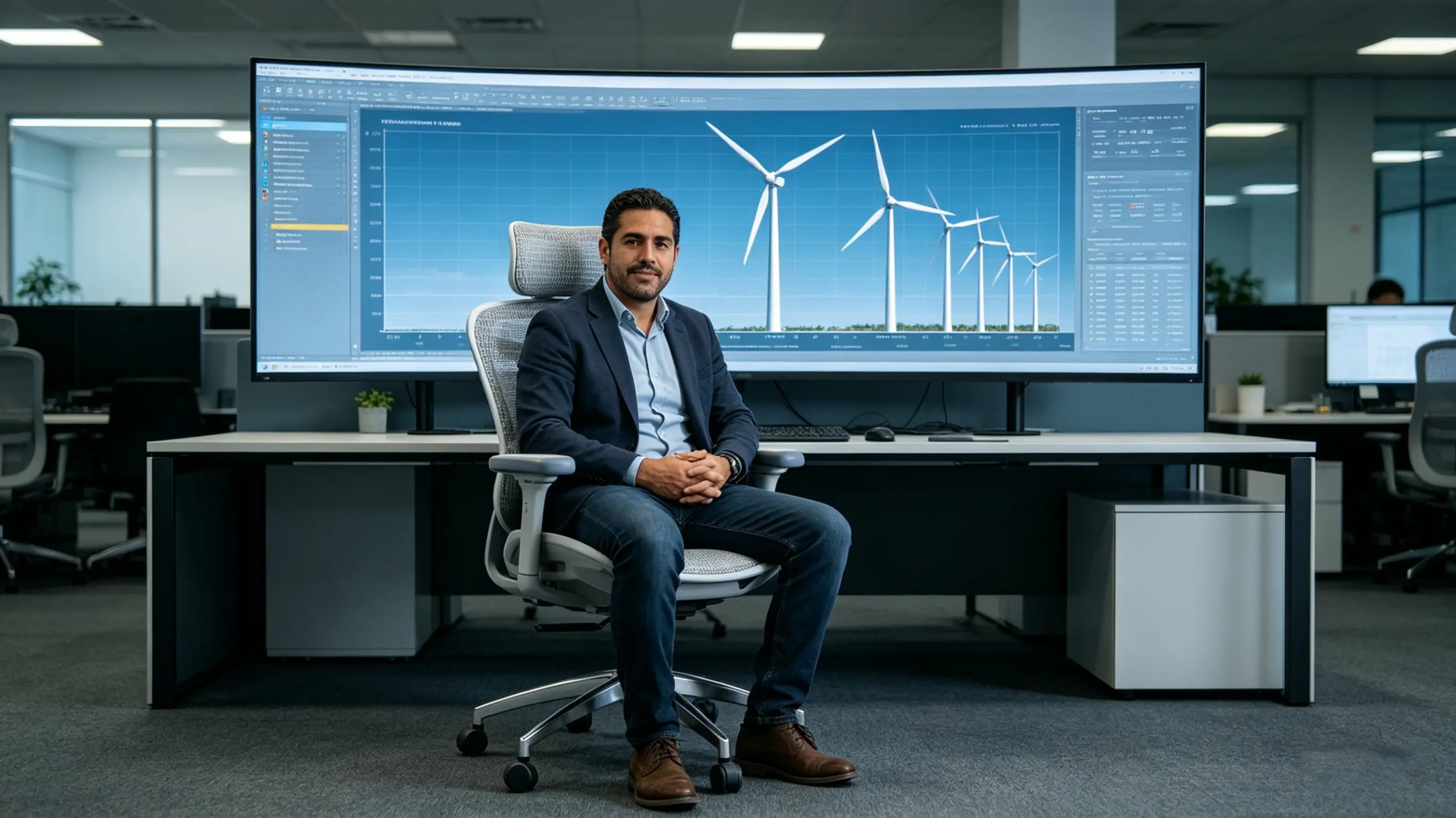 Hugo analyzing wind turbine efficiency charts while sitting on the best ergonomic chairs from Ergo Select in Zaragoza.