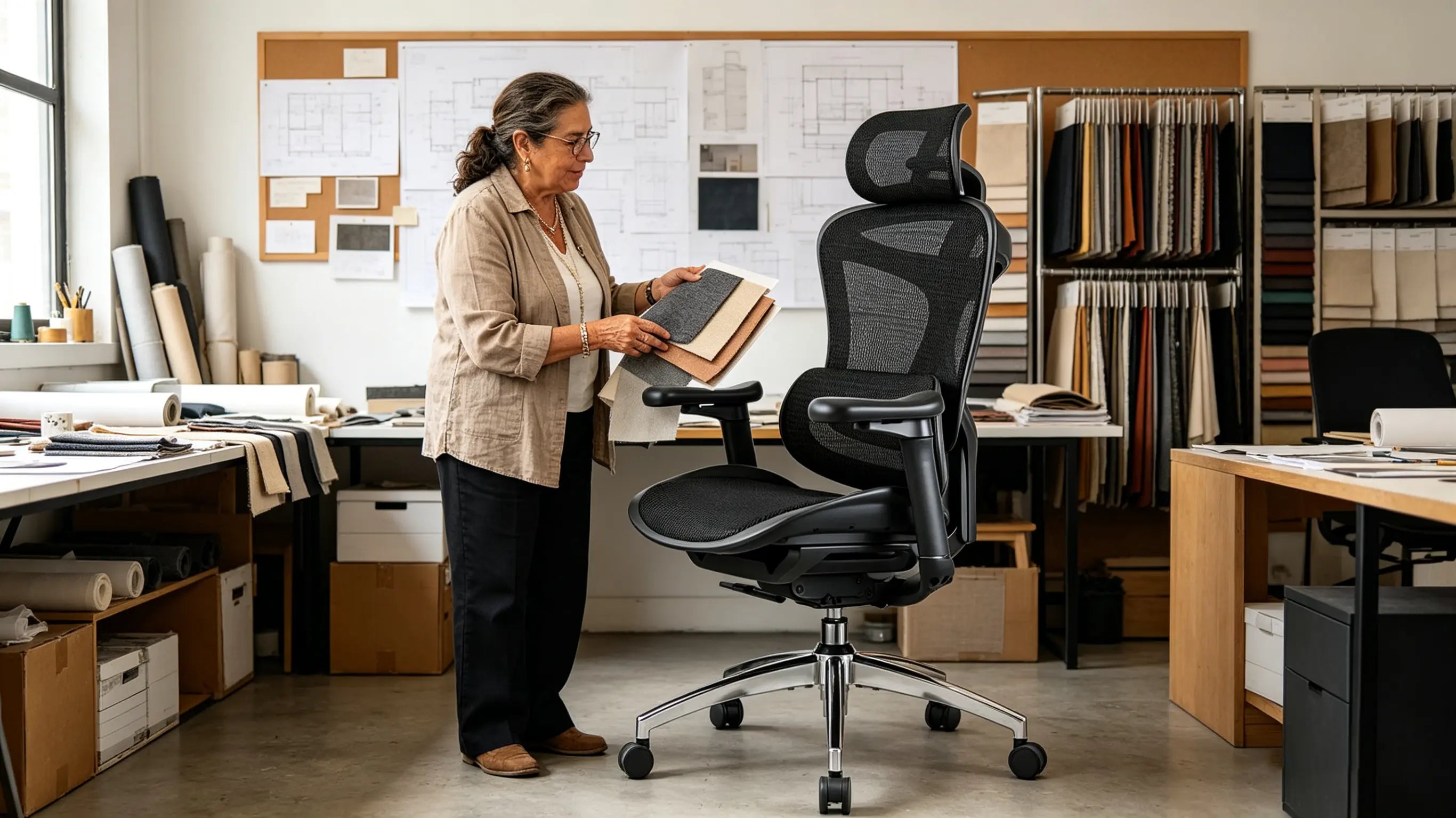 Beatriz selecting fabric swatches while sitting on her High Back Ergonomic Mesh Task Chair in her Sevilla studio.