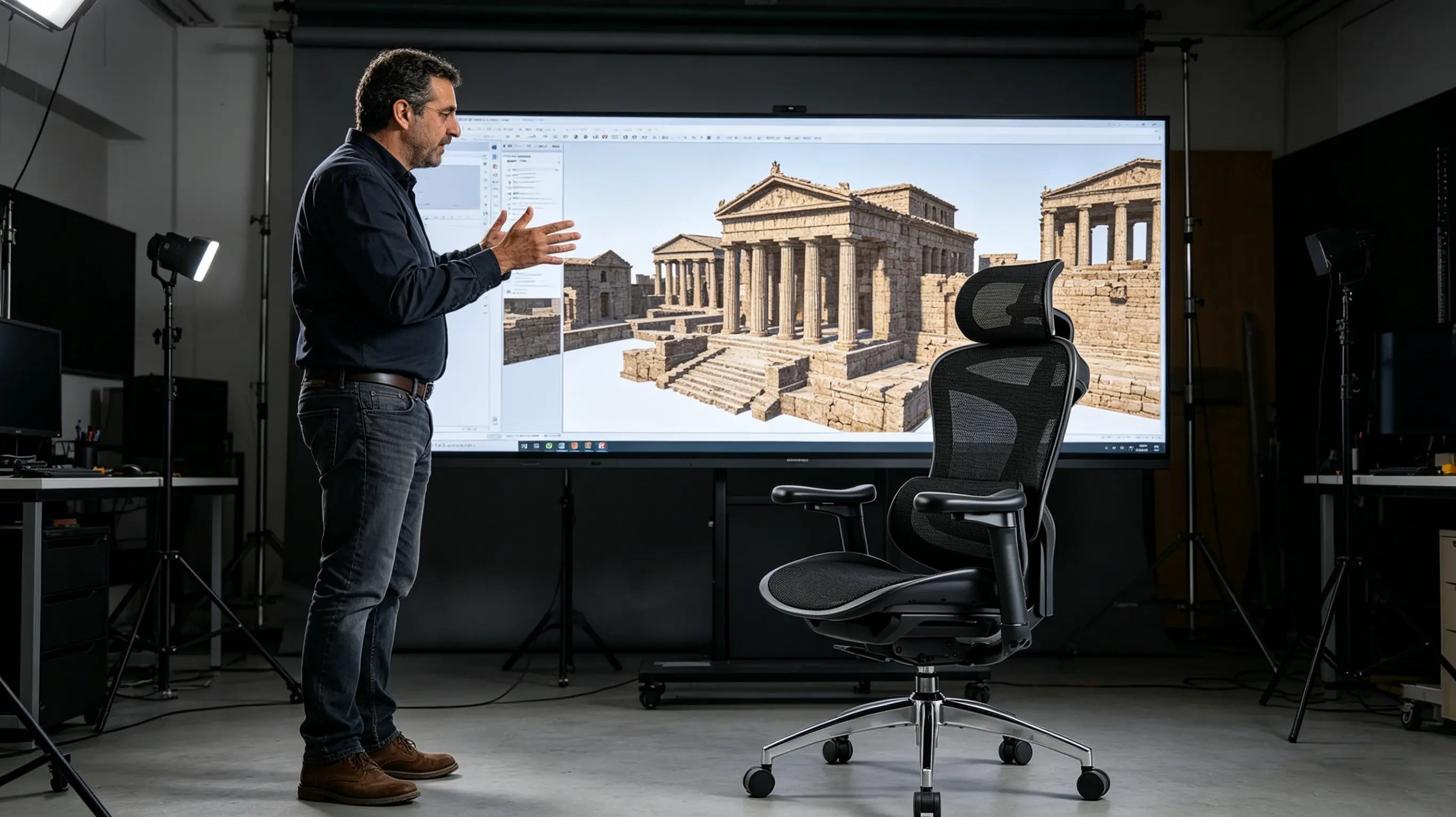 Mateo analyzing 3D point clouds of monuments while sitting on his High Back Ergonomic Mesh Task Chair in Ronda.