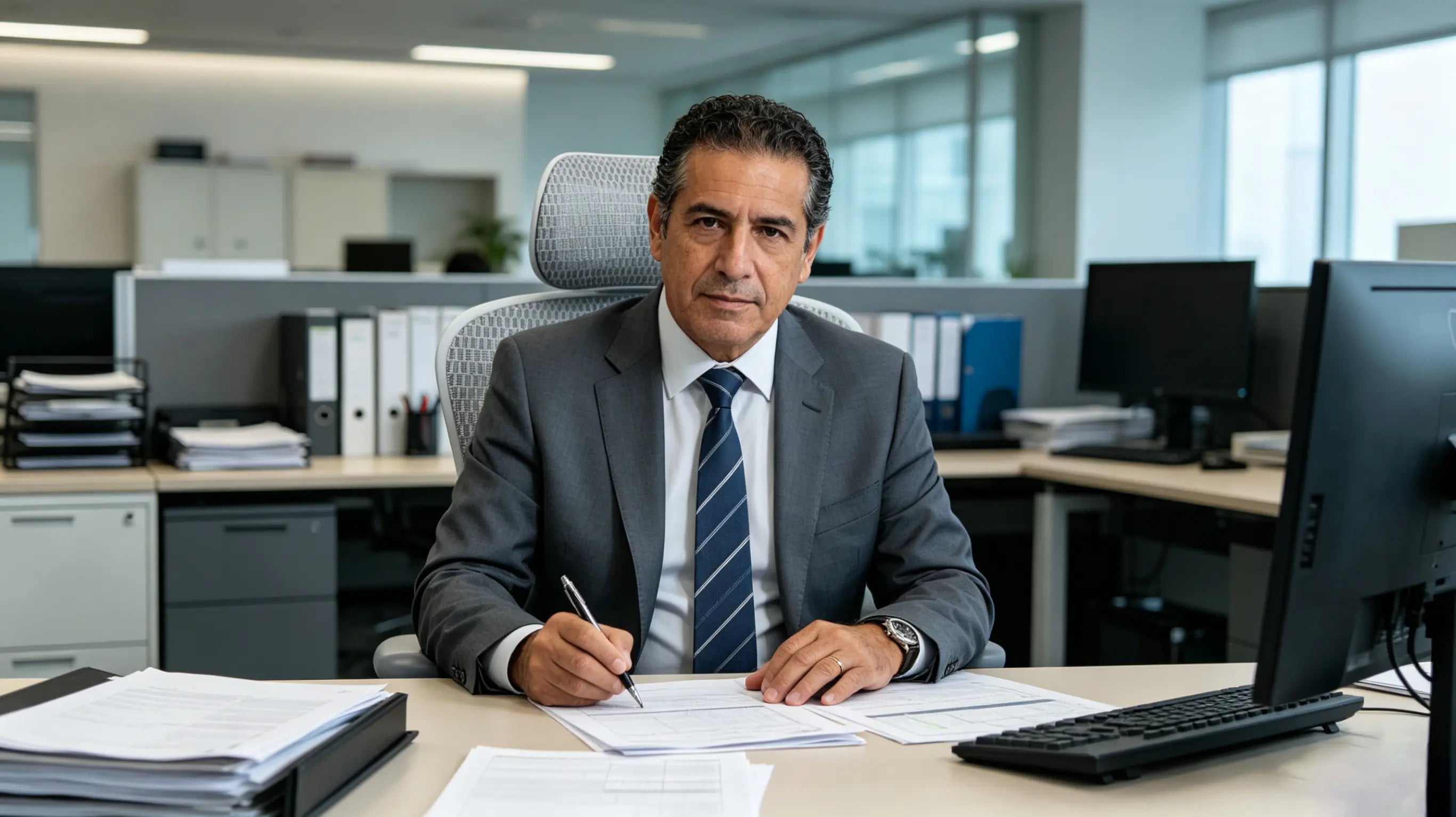 Roberto reviewing complex financial audits while sitting on his High Back Ergonomic Mesh Task Chair in Bilbao.
