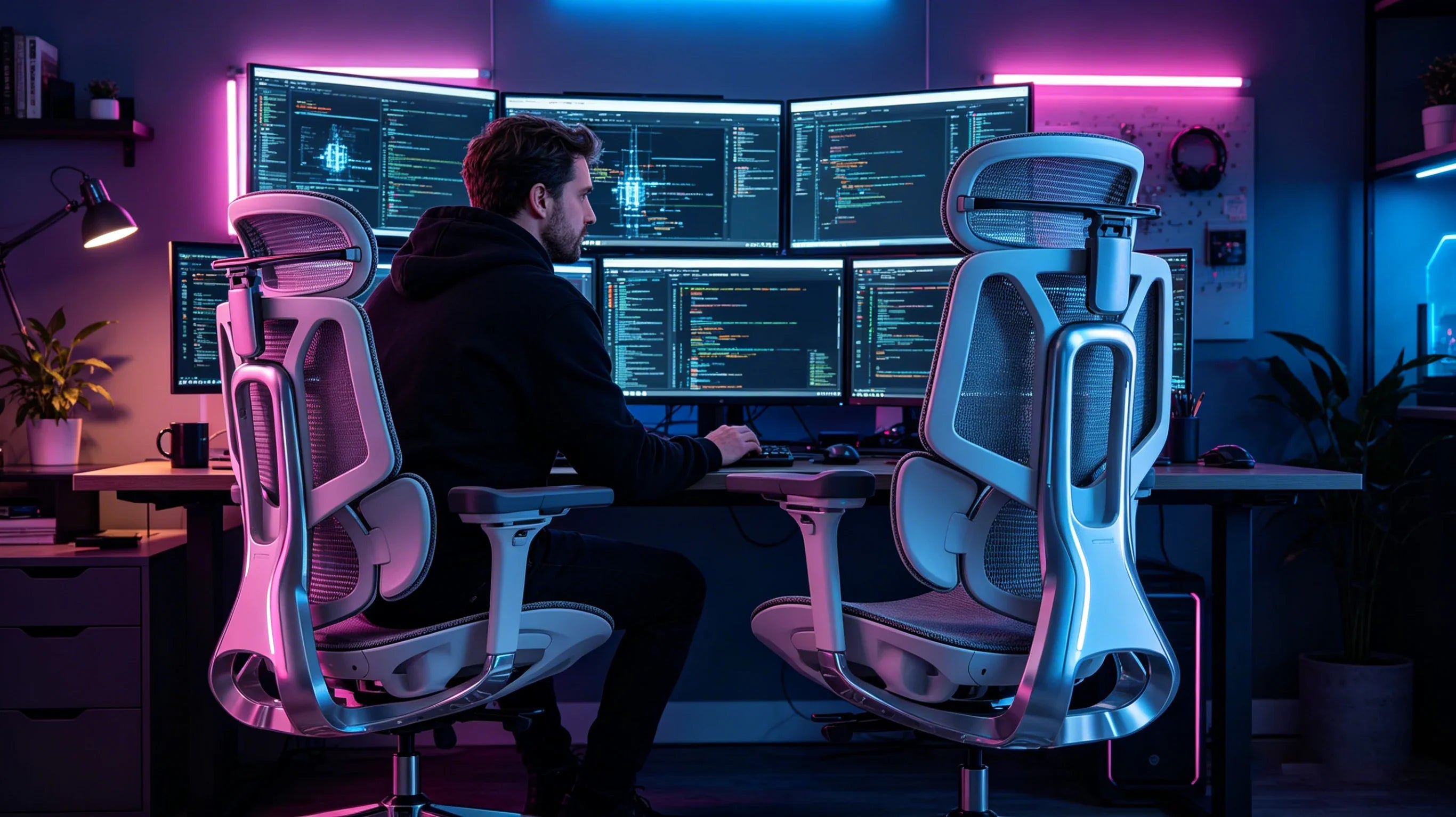 A professional European developer using the [**ergonomic best office chair**] in a triple-monitor studio.