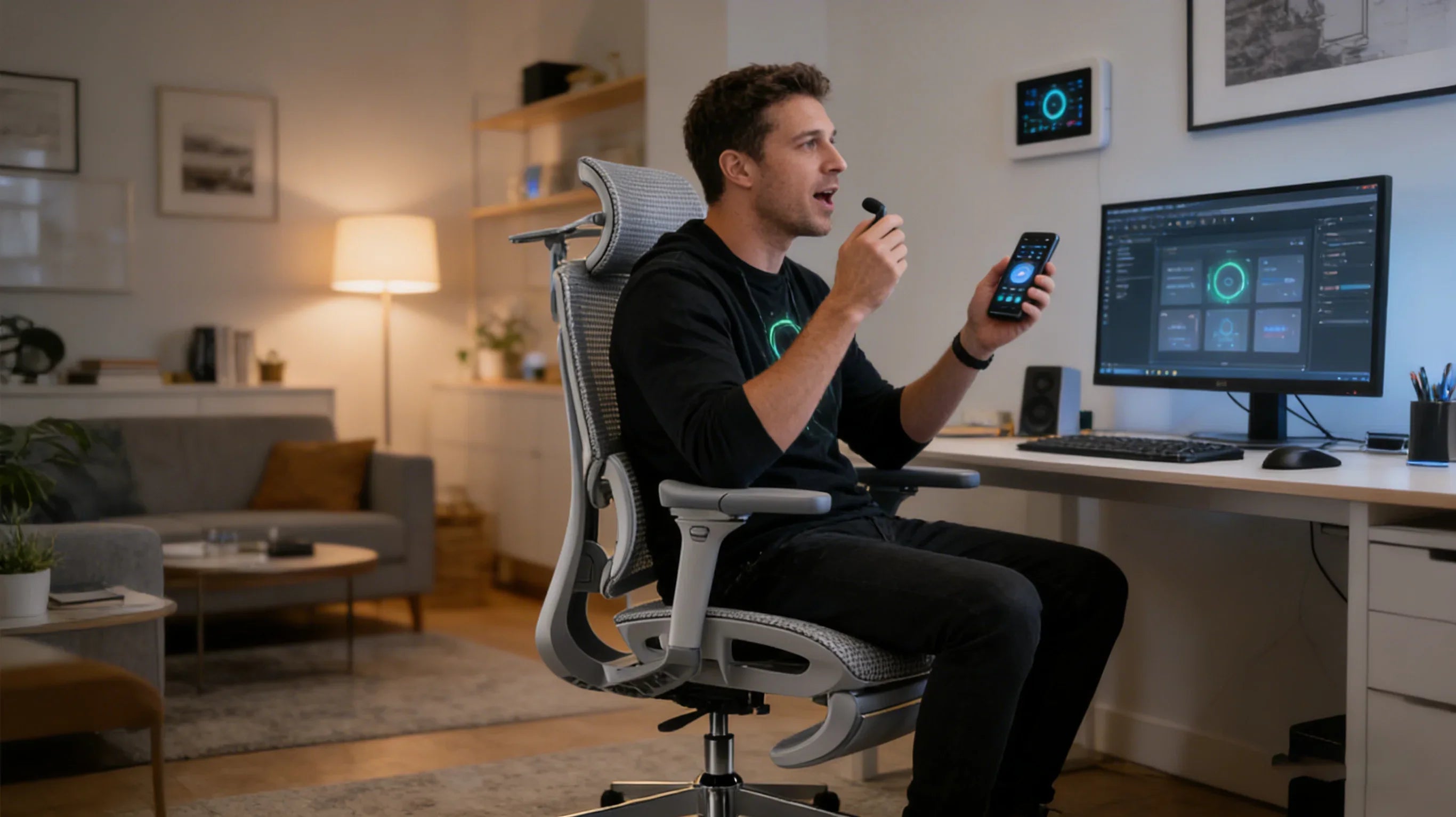 A European developer utilizing an [**ergonomic chair**] in a high-tech lab.