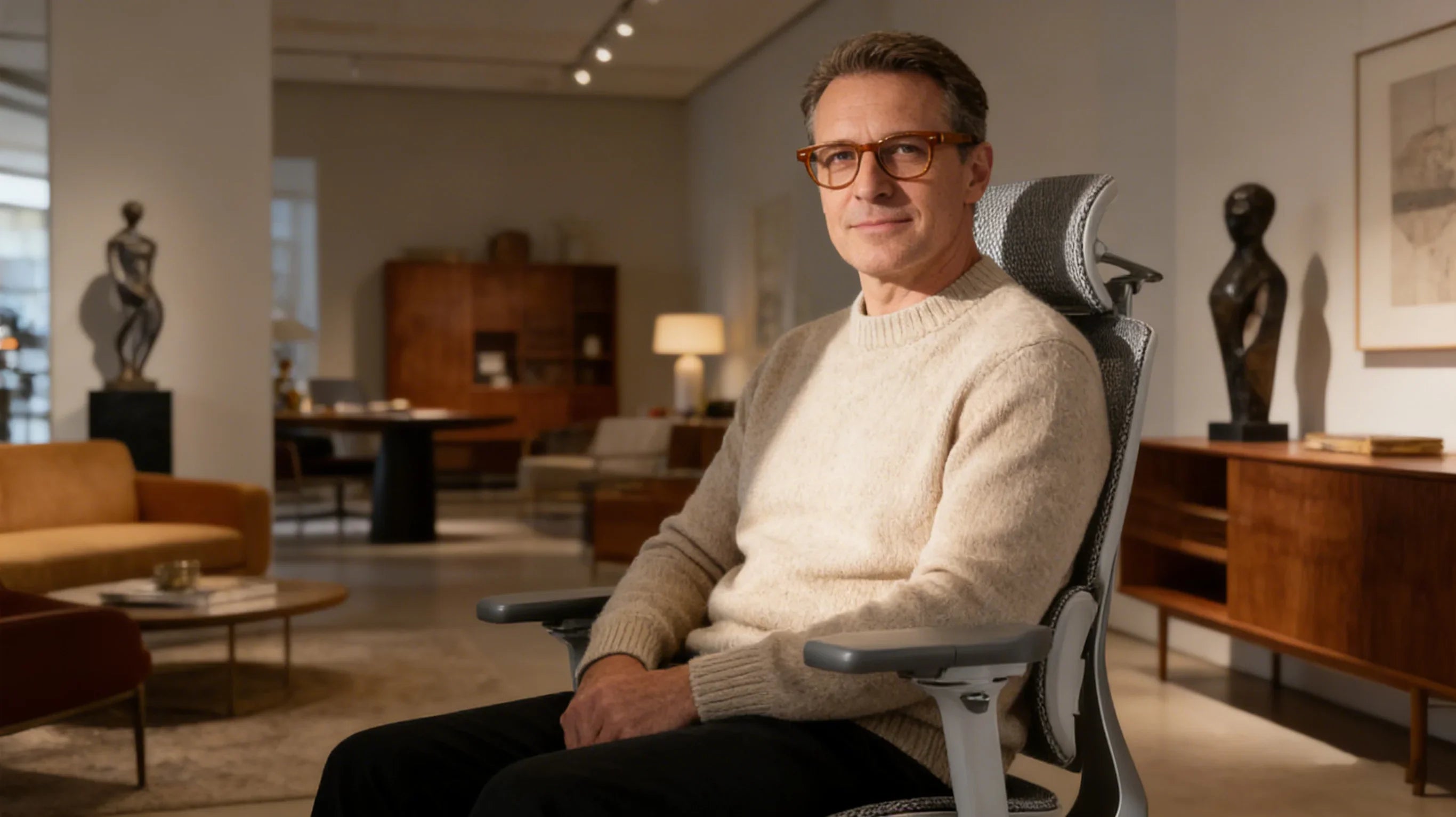 A European furniture expert discussing the merits of a professional [**ergonomic chair**].