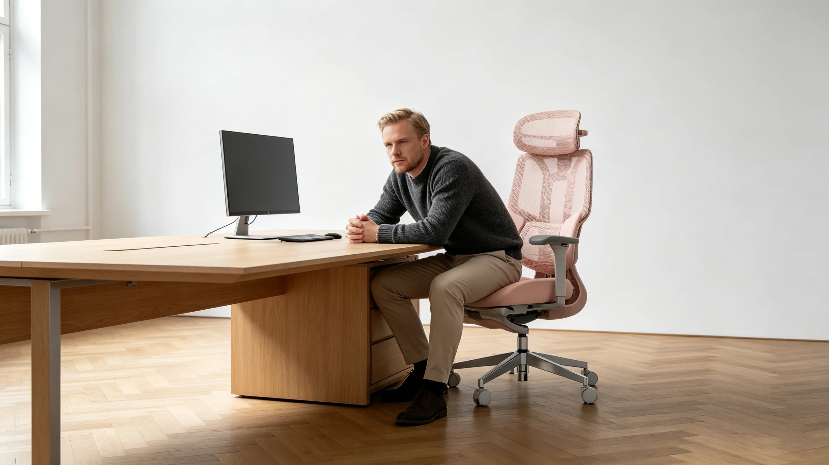 Erik analyzing data in his sleek pink [ergonomic chair] in Stockholm.