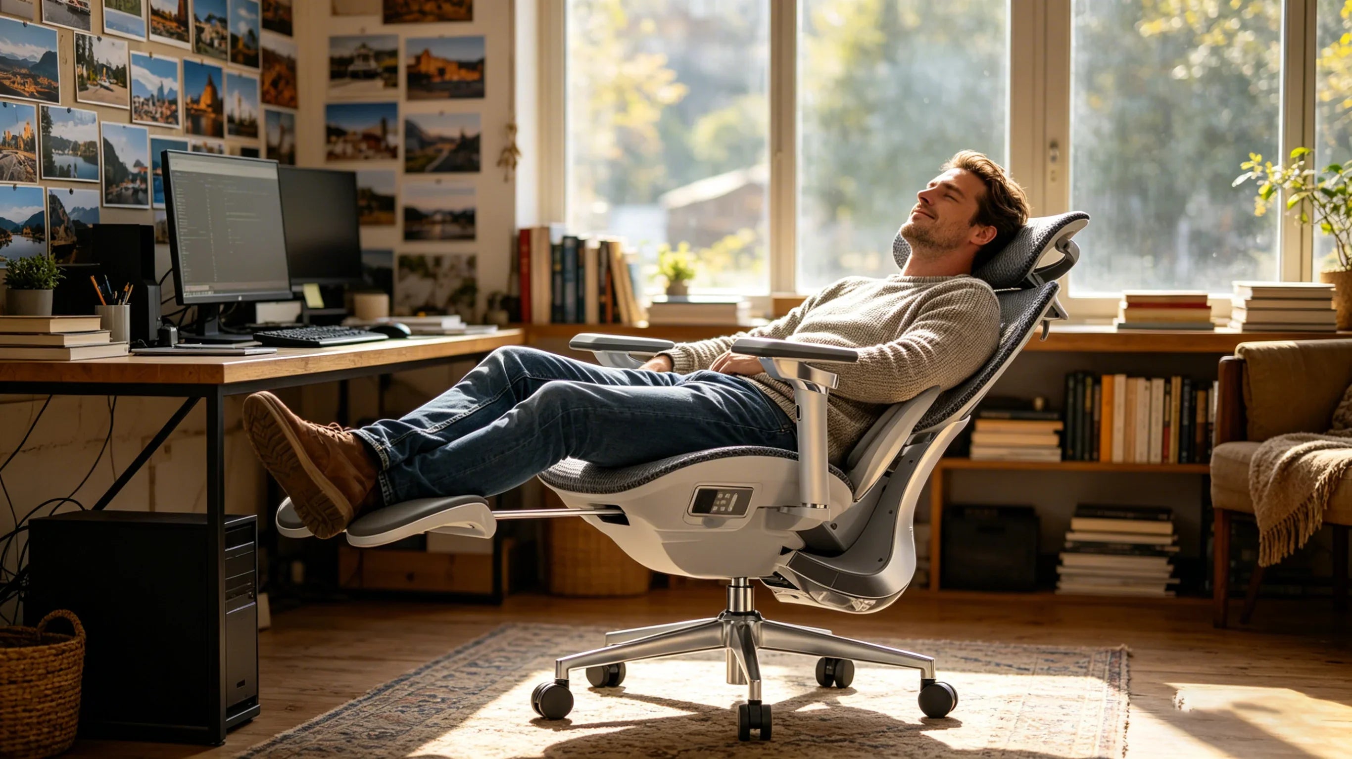 A recovered European programmer enjoying pain-free work in his [**ergonomic chair for back pain**].