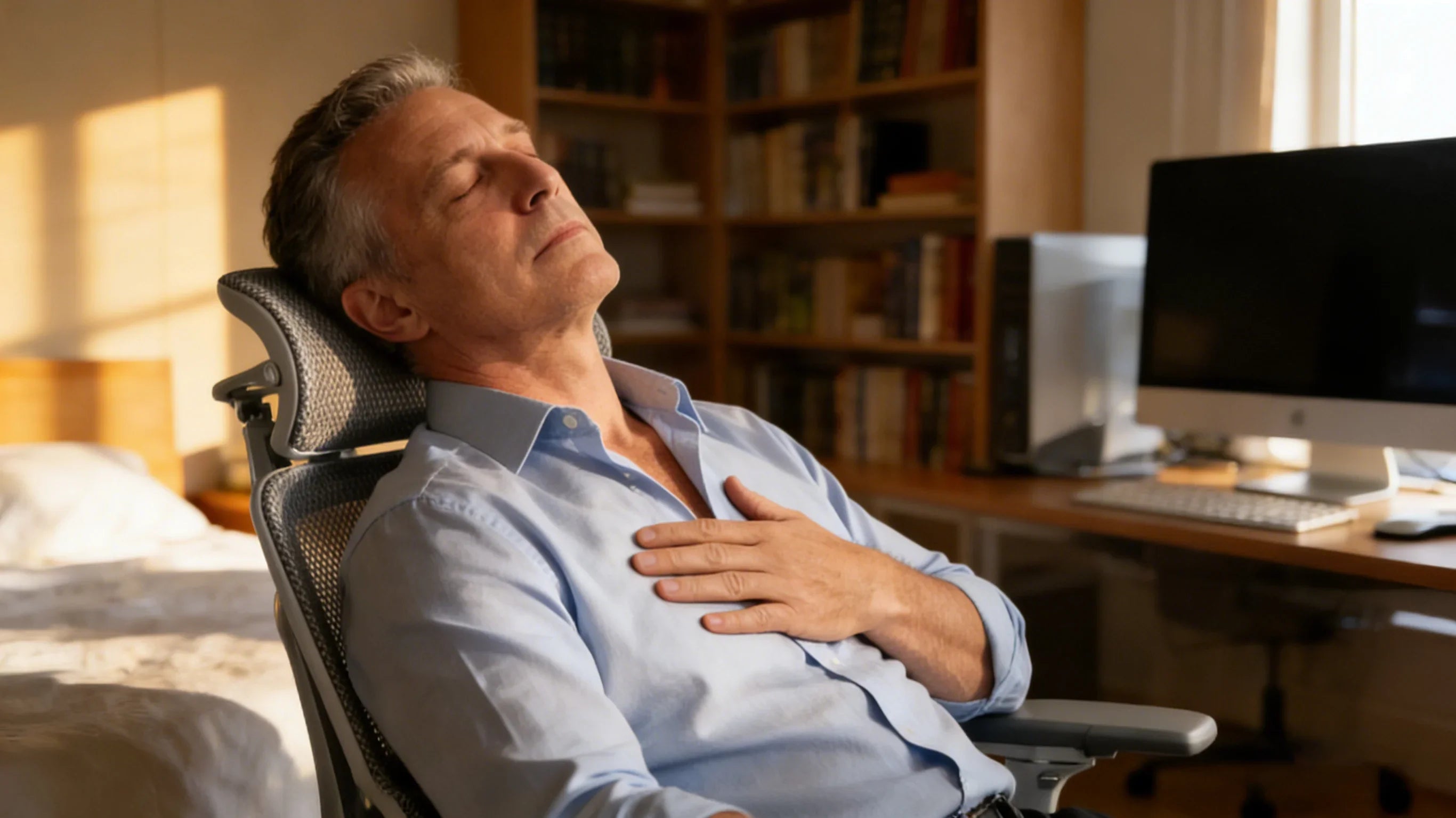 A European professional finding relief in an [**ergonomic chair for back pain**].