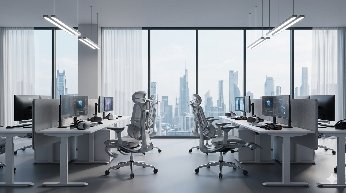 Ergo chair with 3D adjustable headrest and synchronized tilt mechanism for neck comfort.