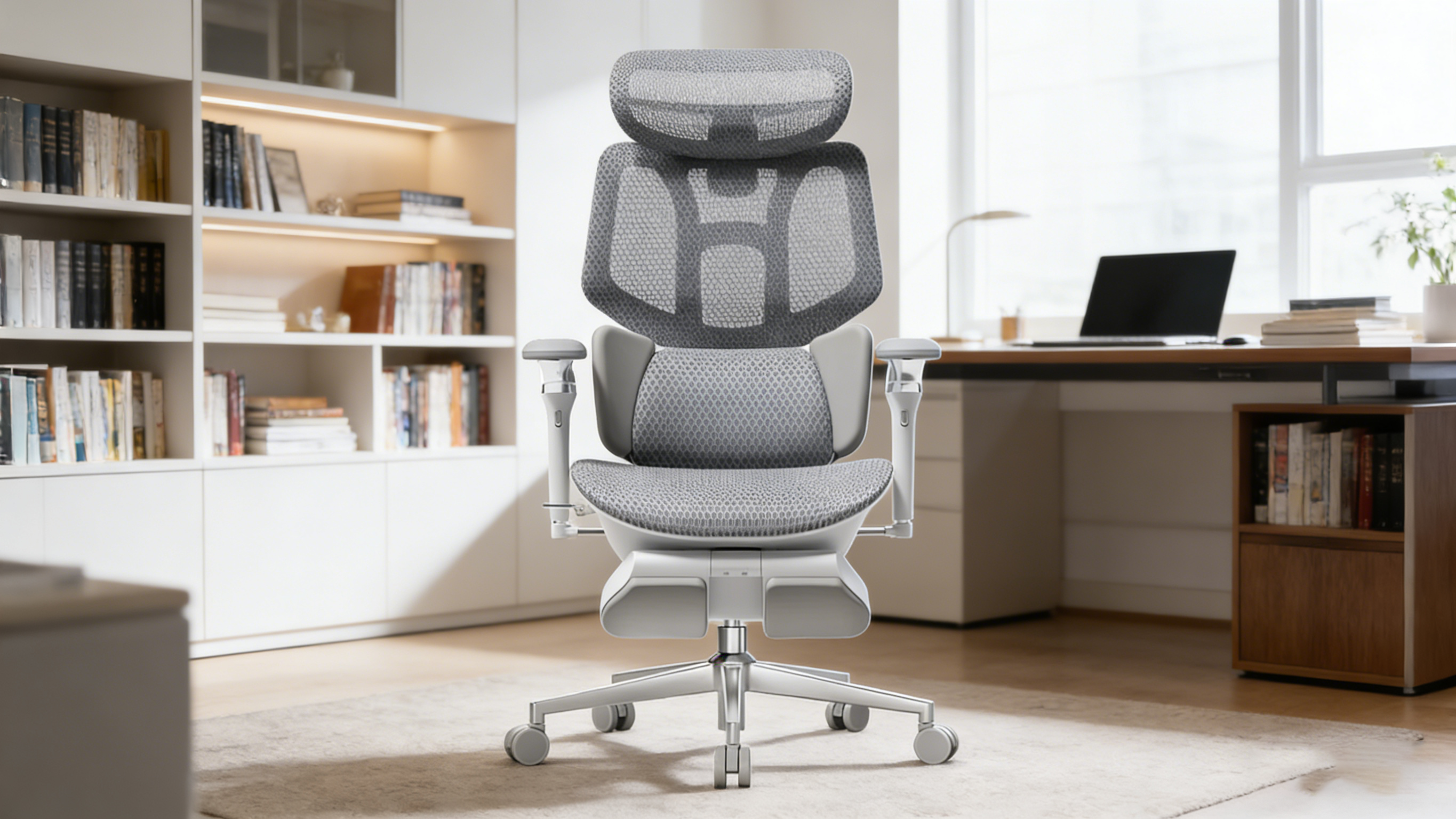 Ergometric office chair with an integrated adjustable headrest for total neck support.