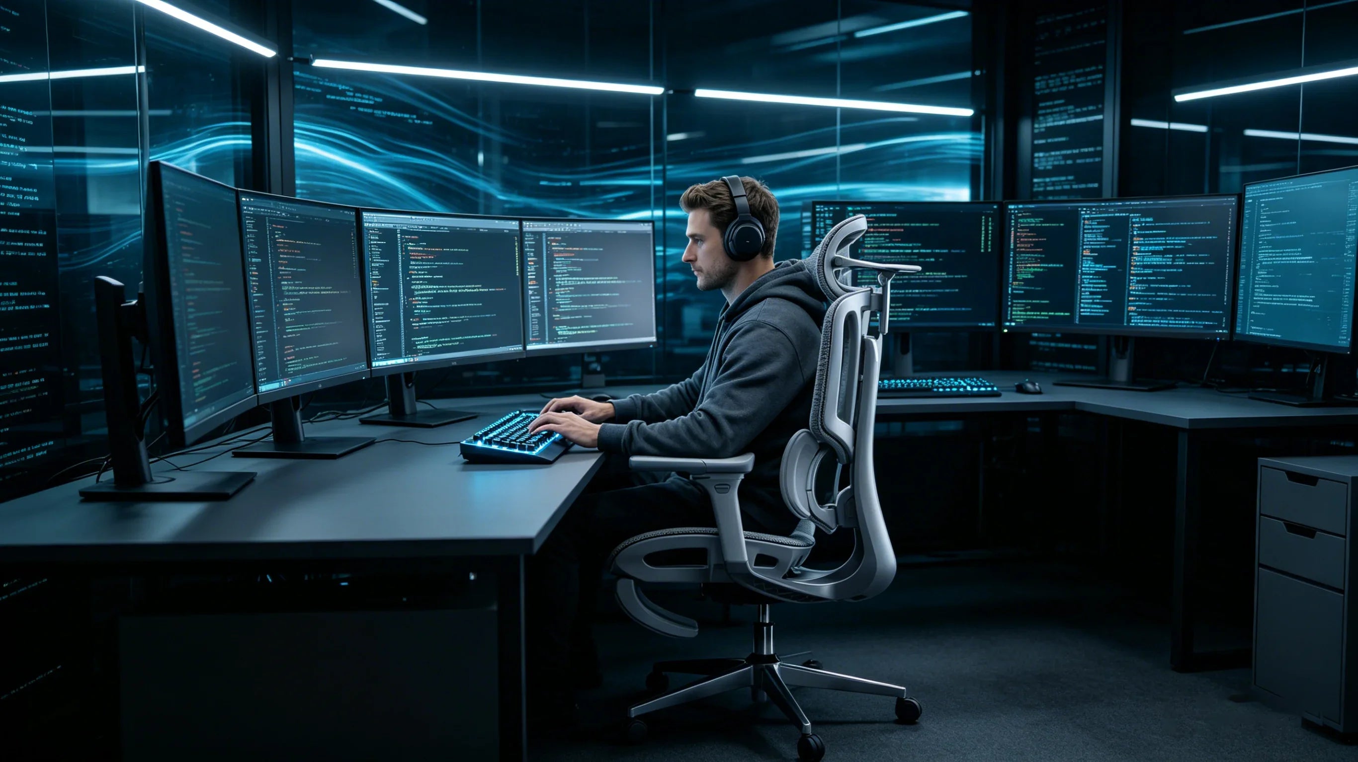 A professional European software engineer utilizing the [**ergonomic computer chair**] in a high-tech studio.