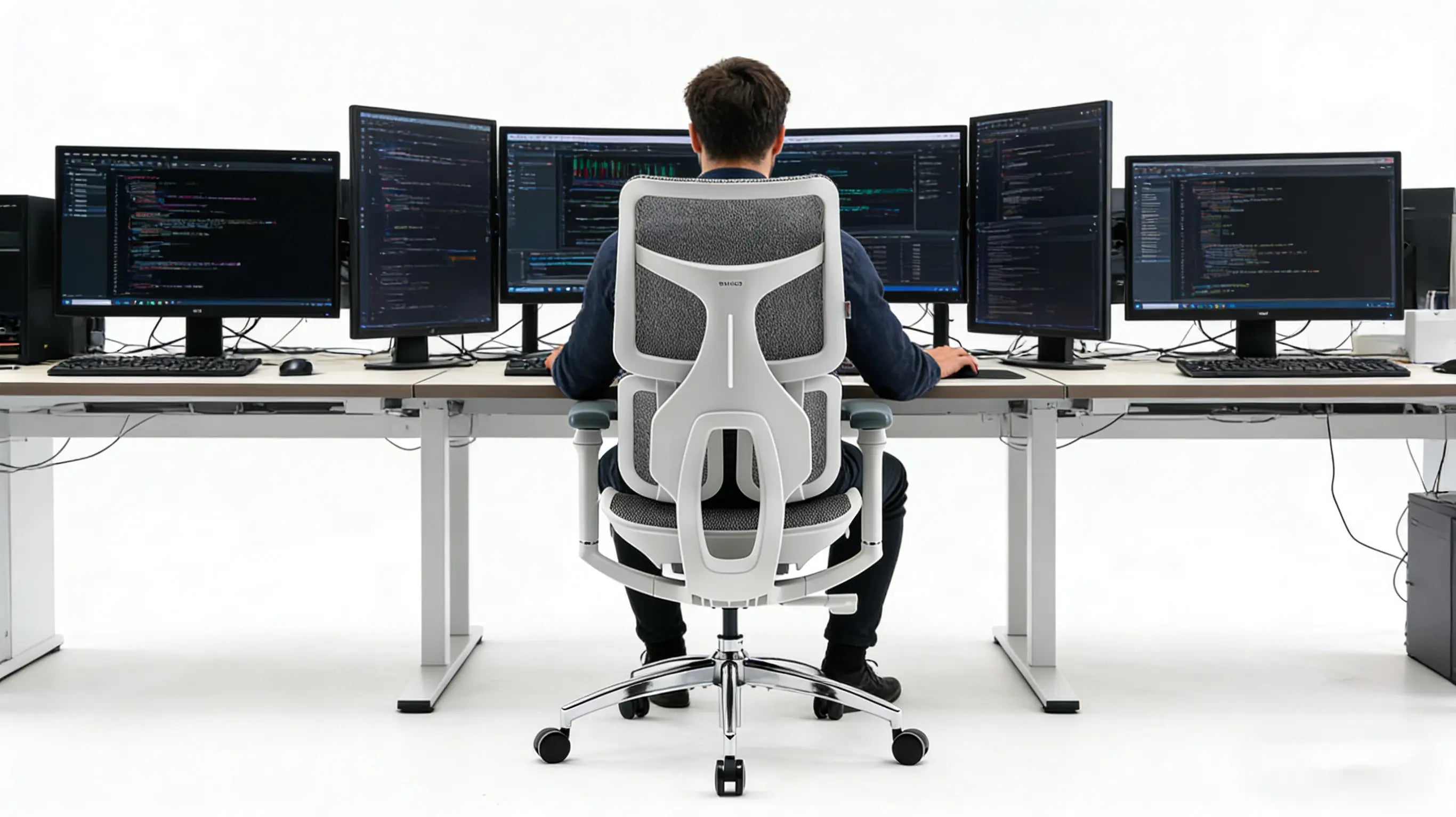 An Ergo Select ergonomic computer chair positioned at a professional developer's desk with dual monitors and a mechanical keyboard.