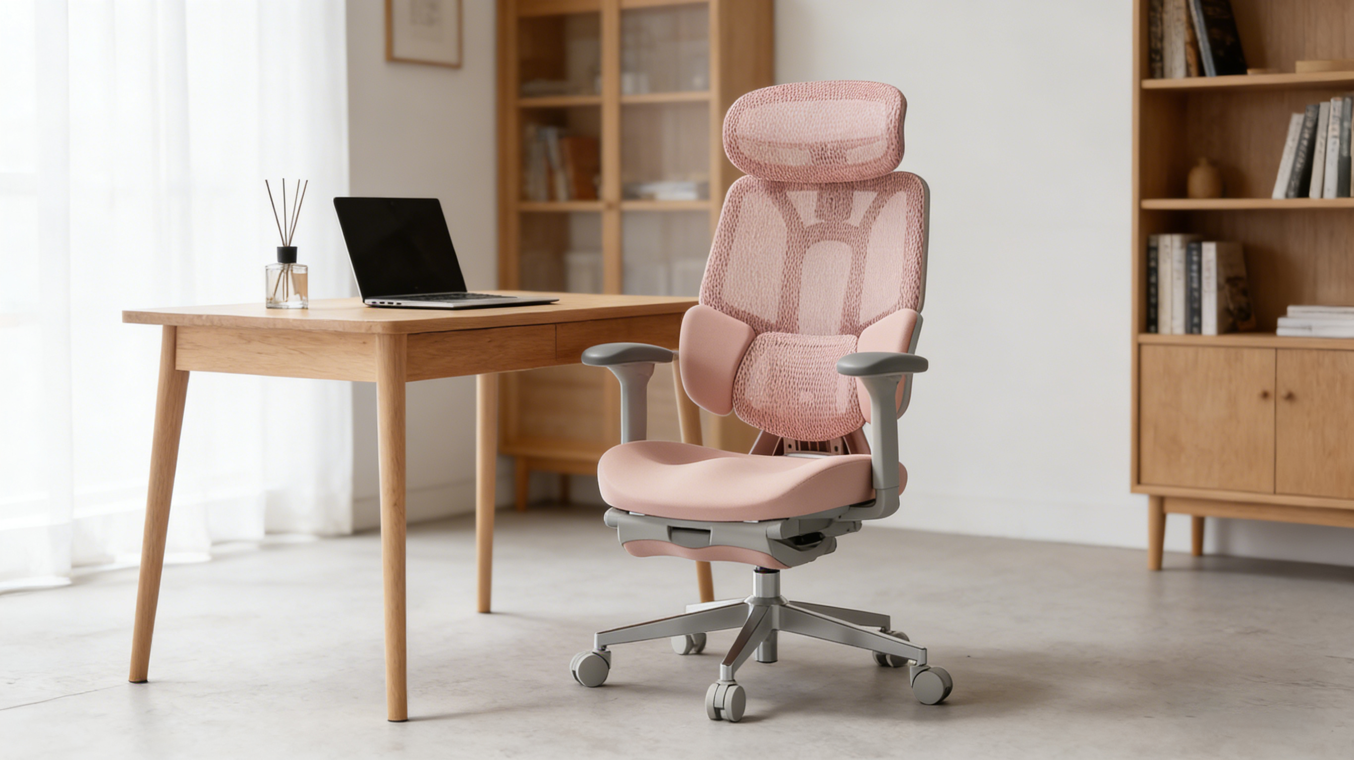 Anatomically designed backrest of a professional pink desk chair