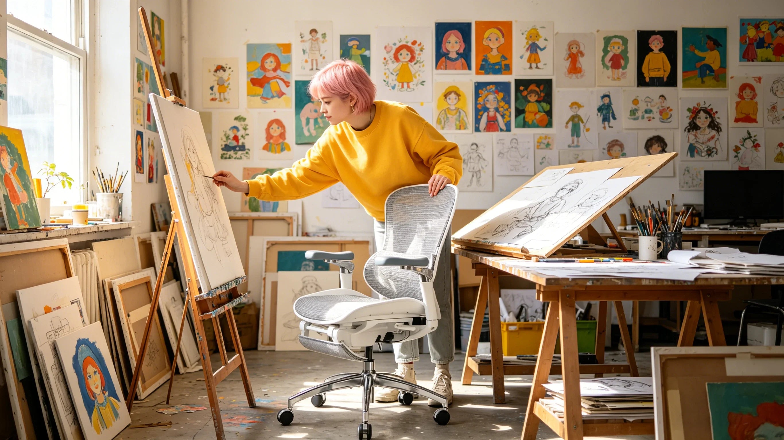 Full view of a 26-year-old female artist standing by her [ergonomic desk and chair] in a sunlit studio.