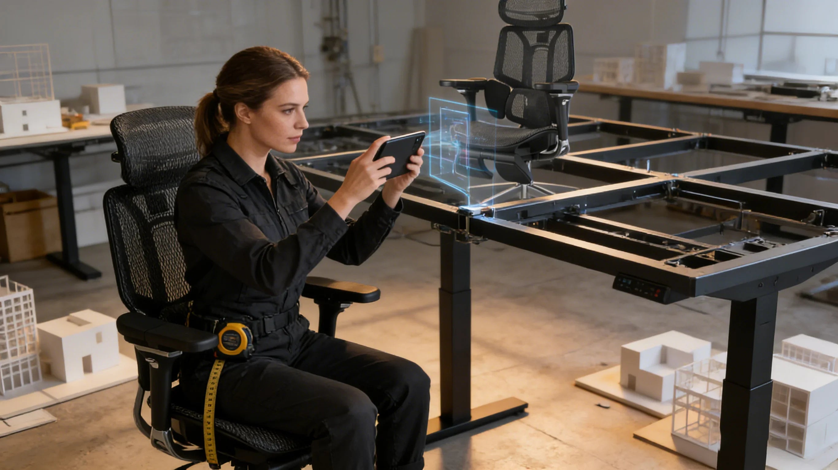 A European spatial planner aligning an [**ergonomic desk and chair**] system.