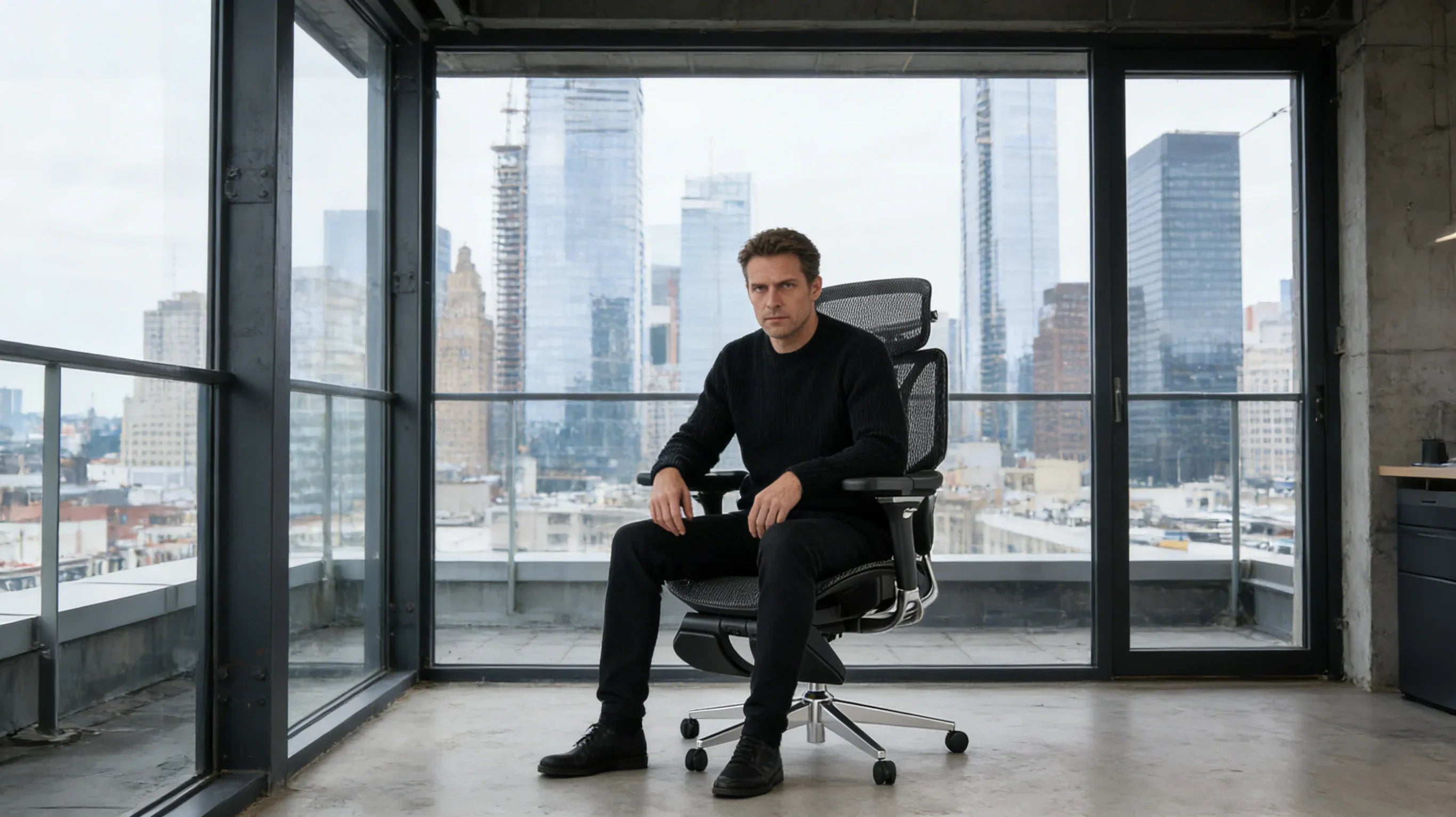 A European architect working in his high-performance [**ergonomic desk chair**].