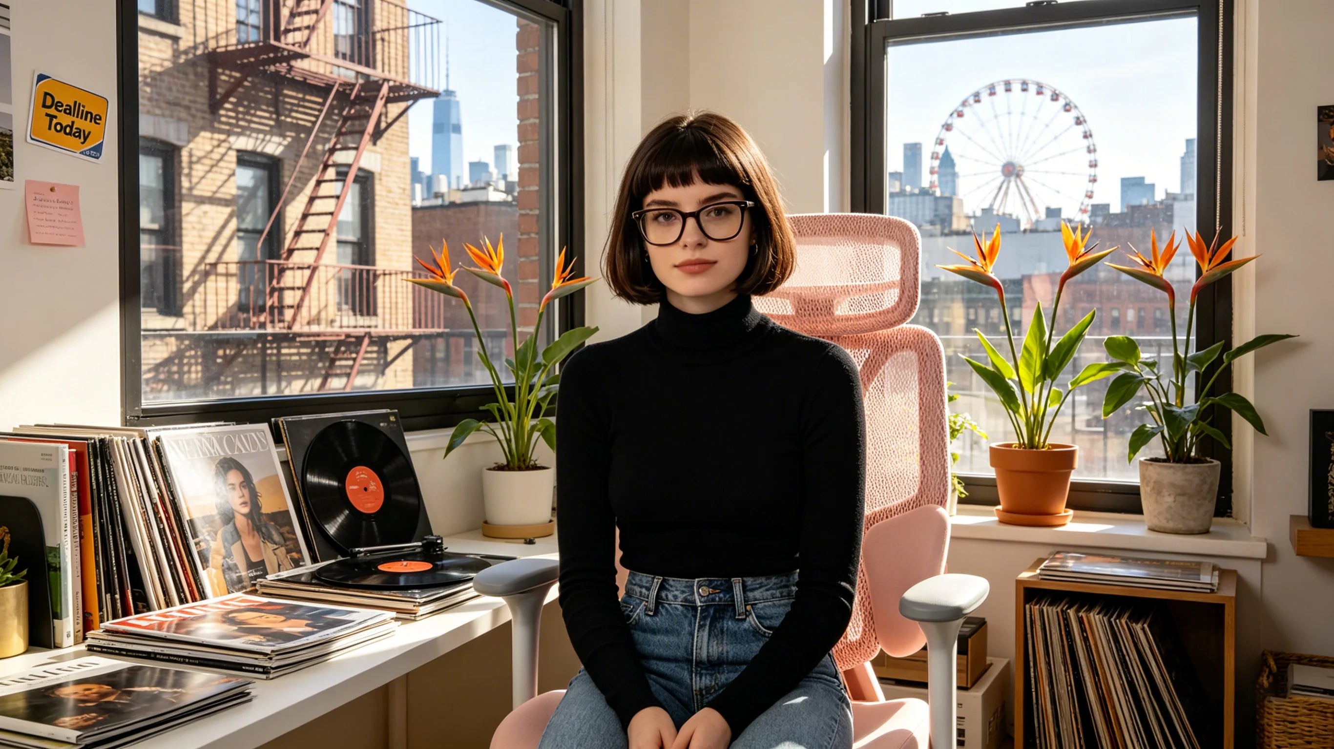 Ava writing a campaign in her rose-pink [ergonomic desk chair] in New York.