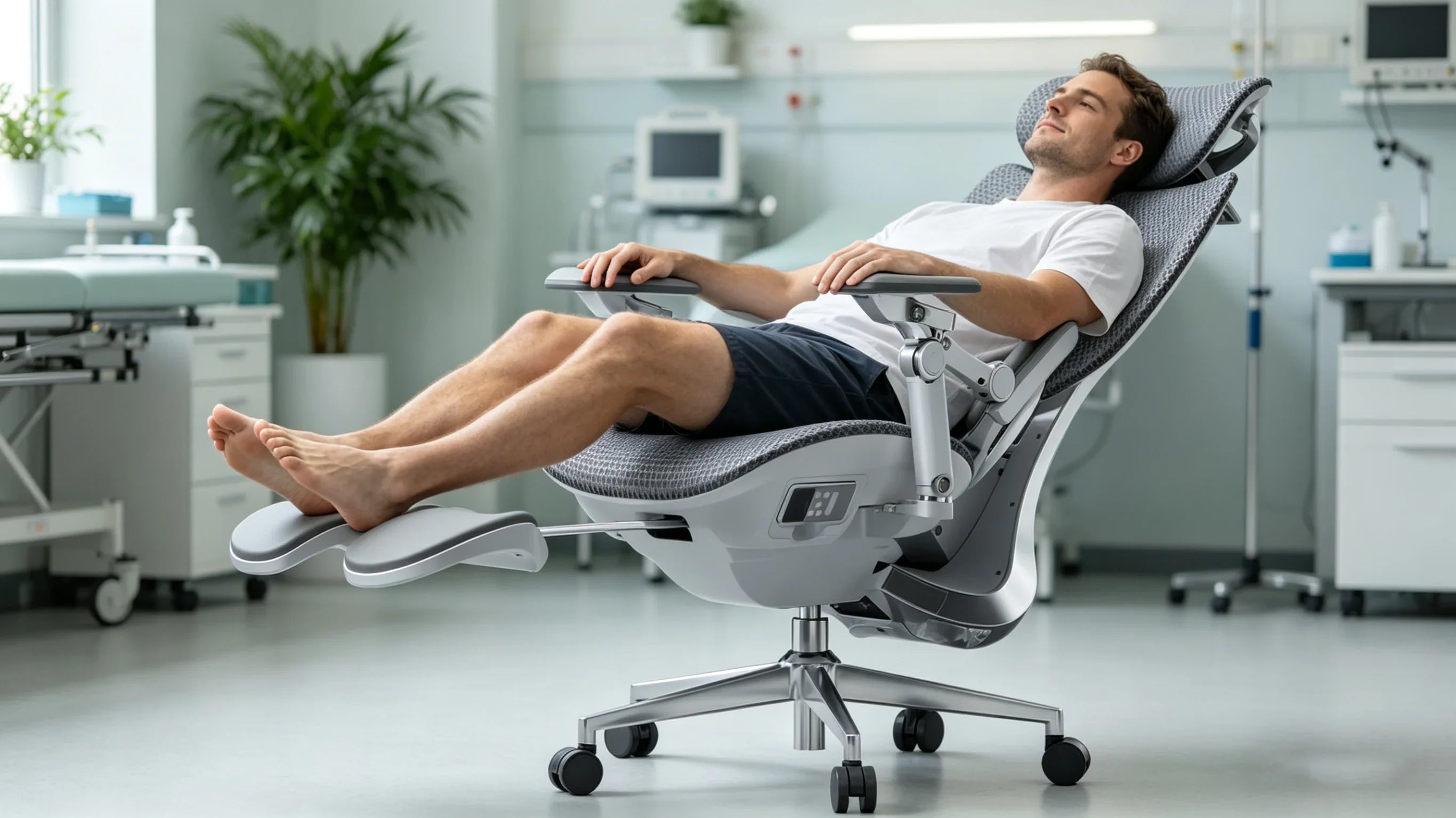 A Caucasian physical therapist explaining the robotic arm technology of the AI-720 [ergonomic desk chair] in a clinic.