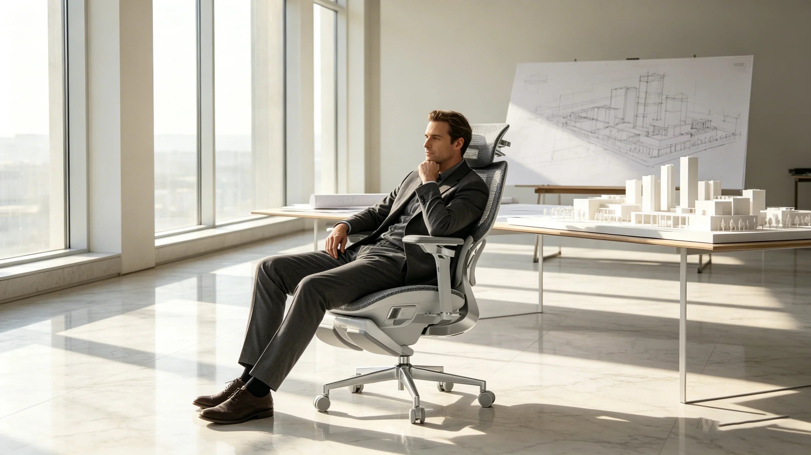 A professional European architect analyzing models in his [**ergonomic desk chair**].