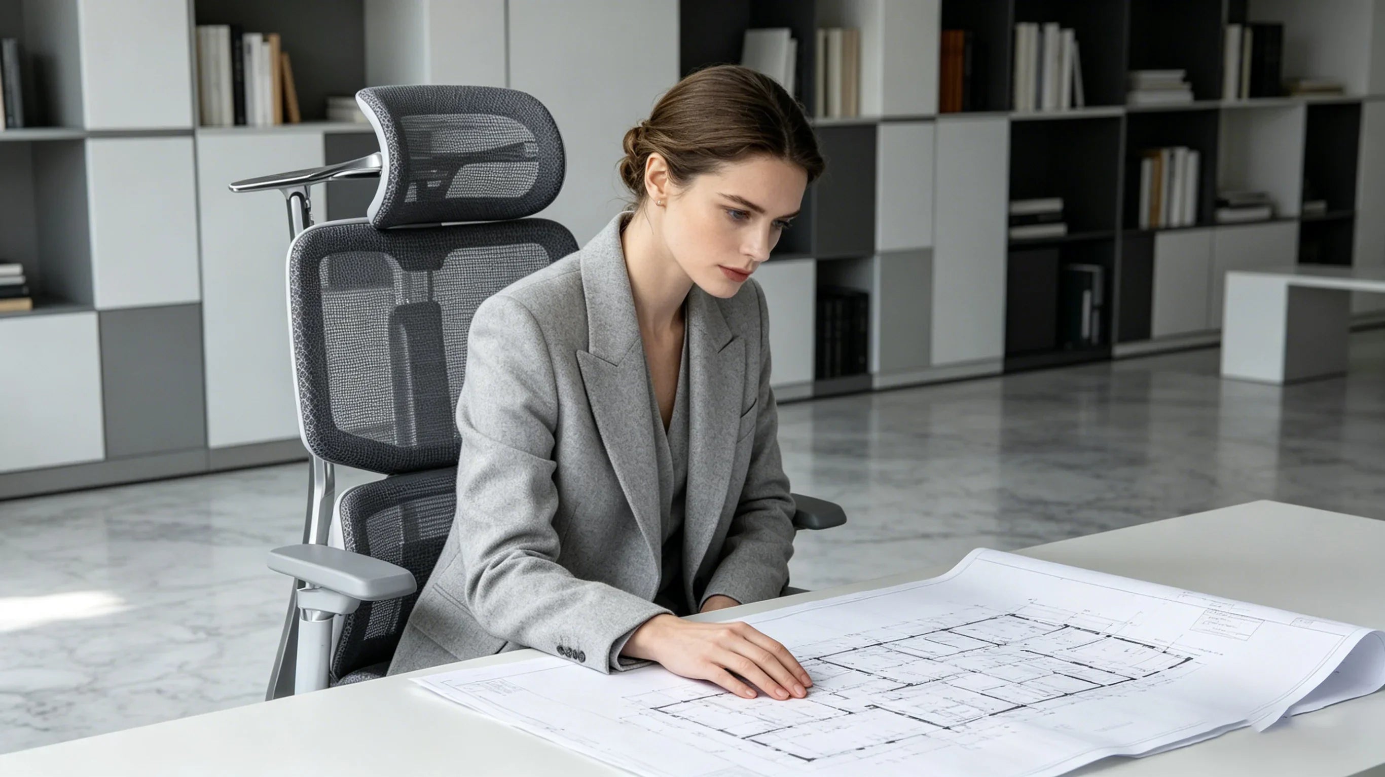 A professional European architect analyzing blueprints in her [**ergonomic desk chairs**].