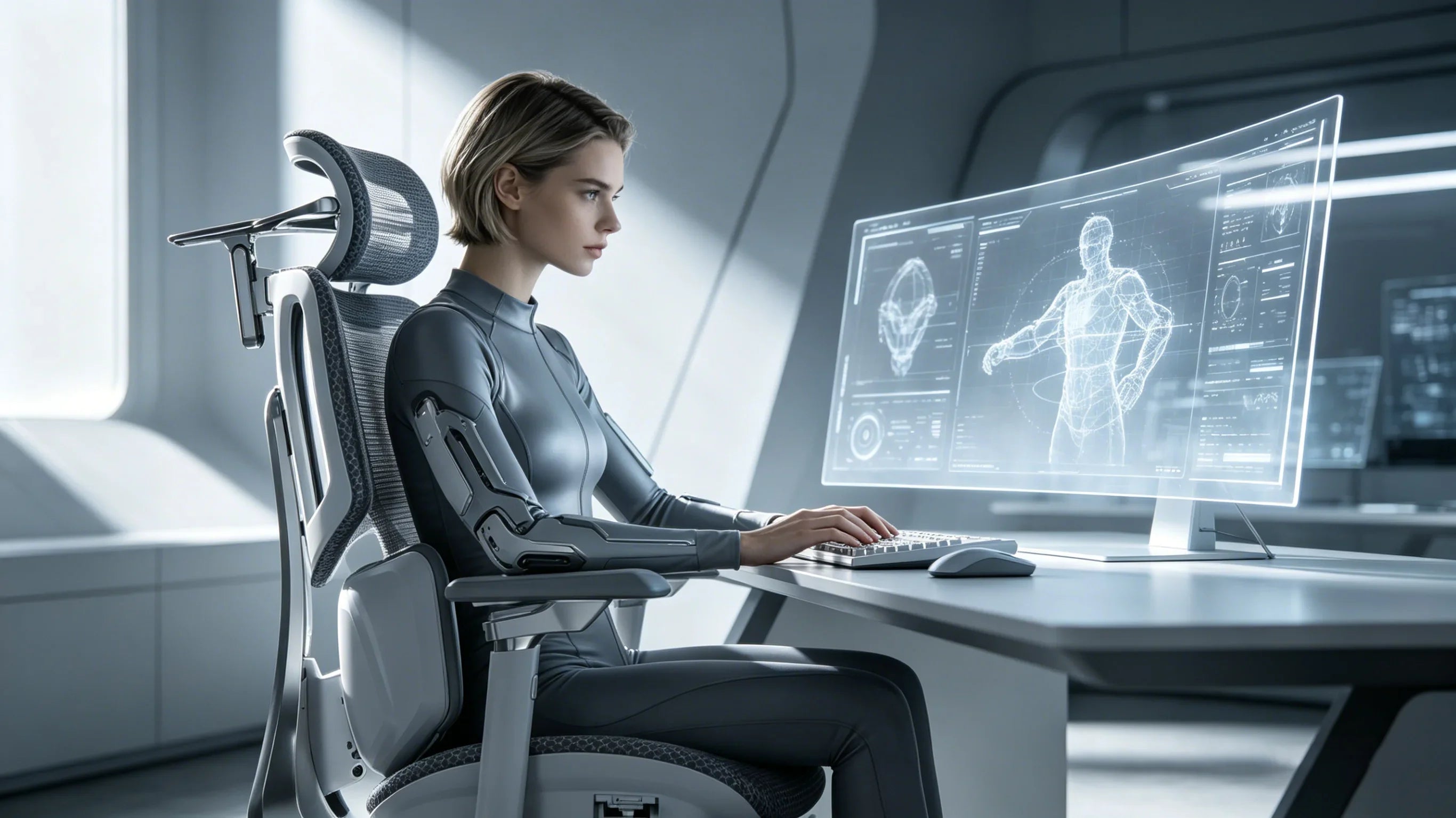A European pro gamer utilizing the robotic exoskeleton support of an [**ergonomic gamer chair**].