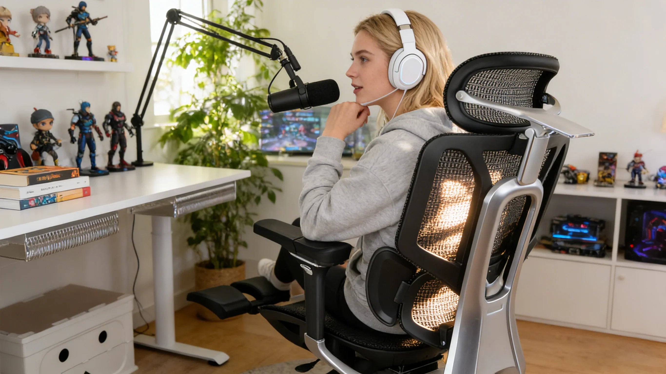 A European esports commentator relaxing in her [**ergonomic gamer chair**].