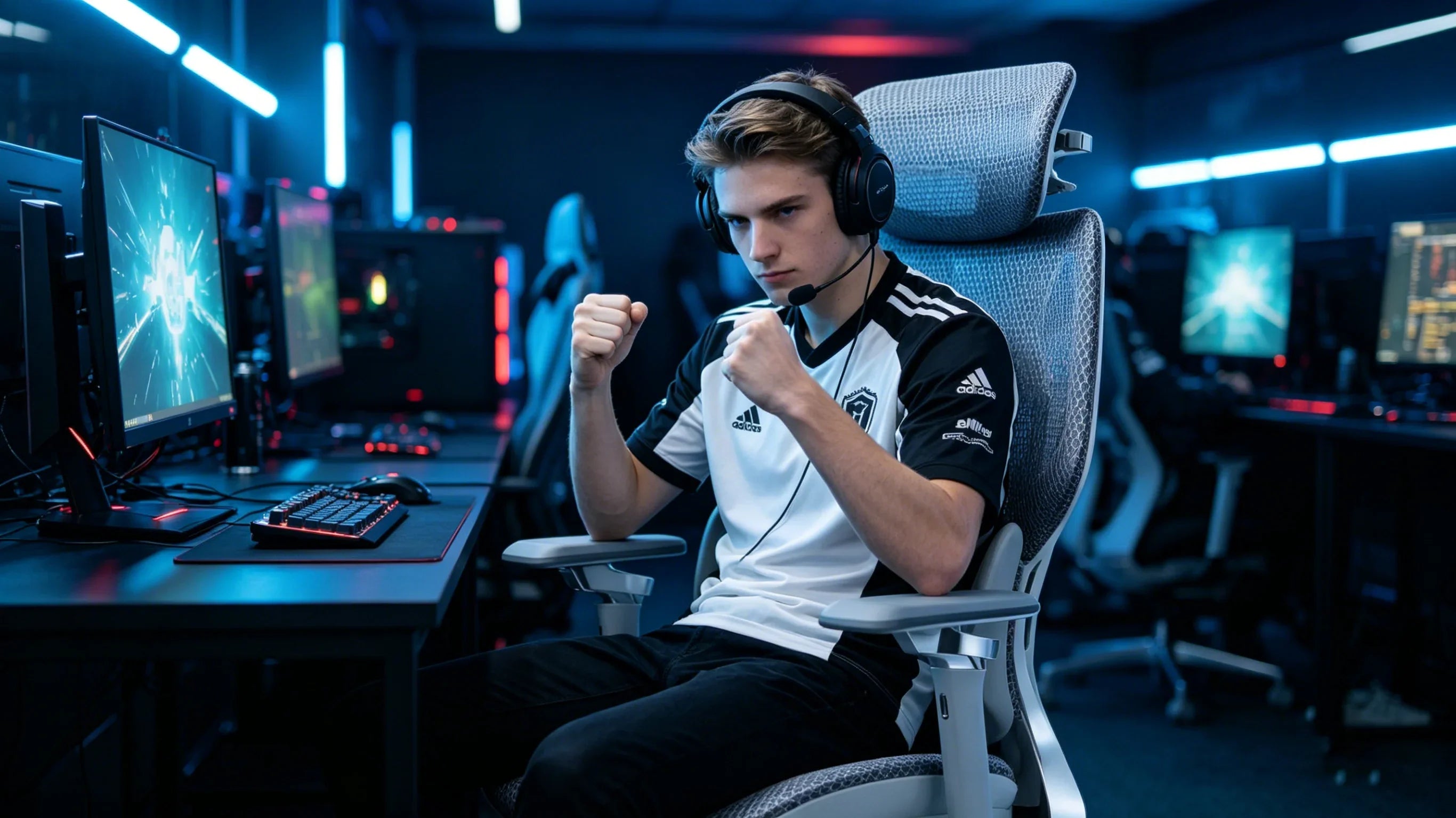 A professional European e-sports player optimizing his aim in an [**ergonomic gaming chair**].