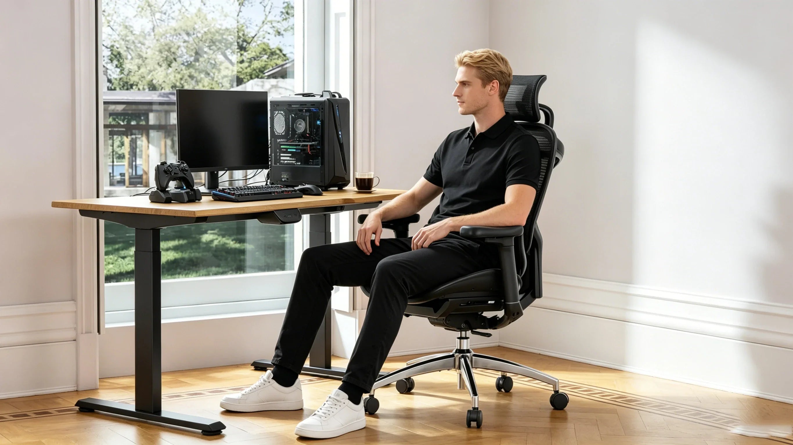 Full body view of a 35-year-old Caucasian male coach in a black team Polo shirt sitting in the [ergonomic gaming chair].