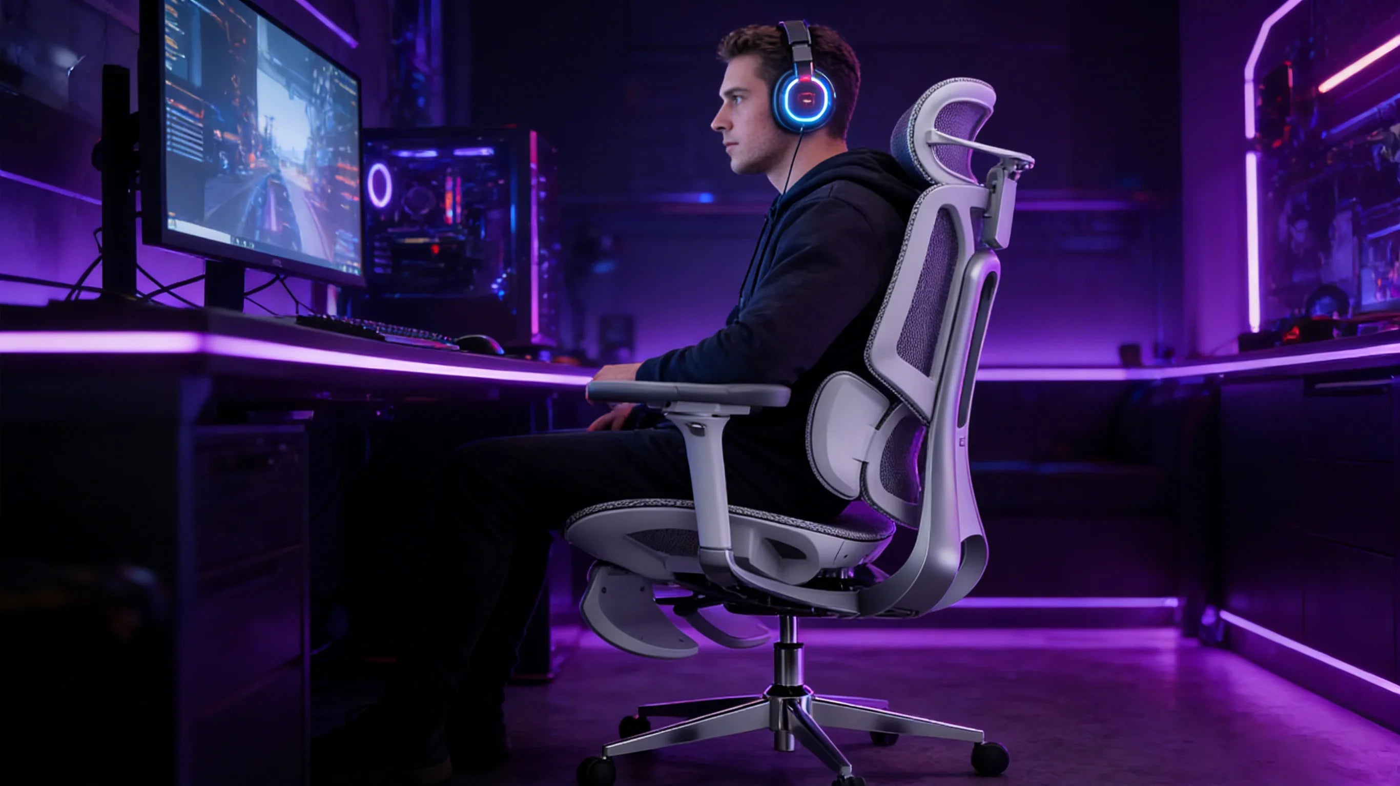 A professional European gamer utilizing an elite [**ergonomic gaming chair**].