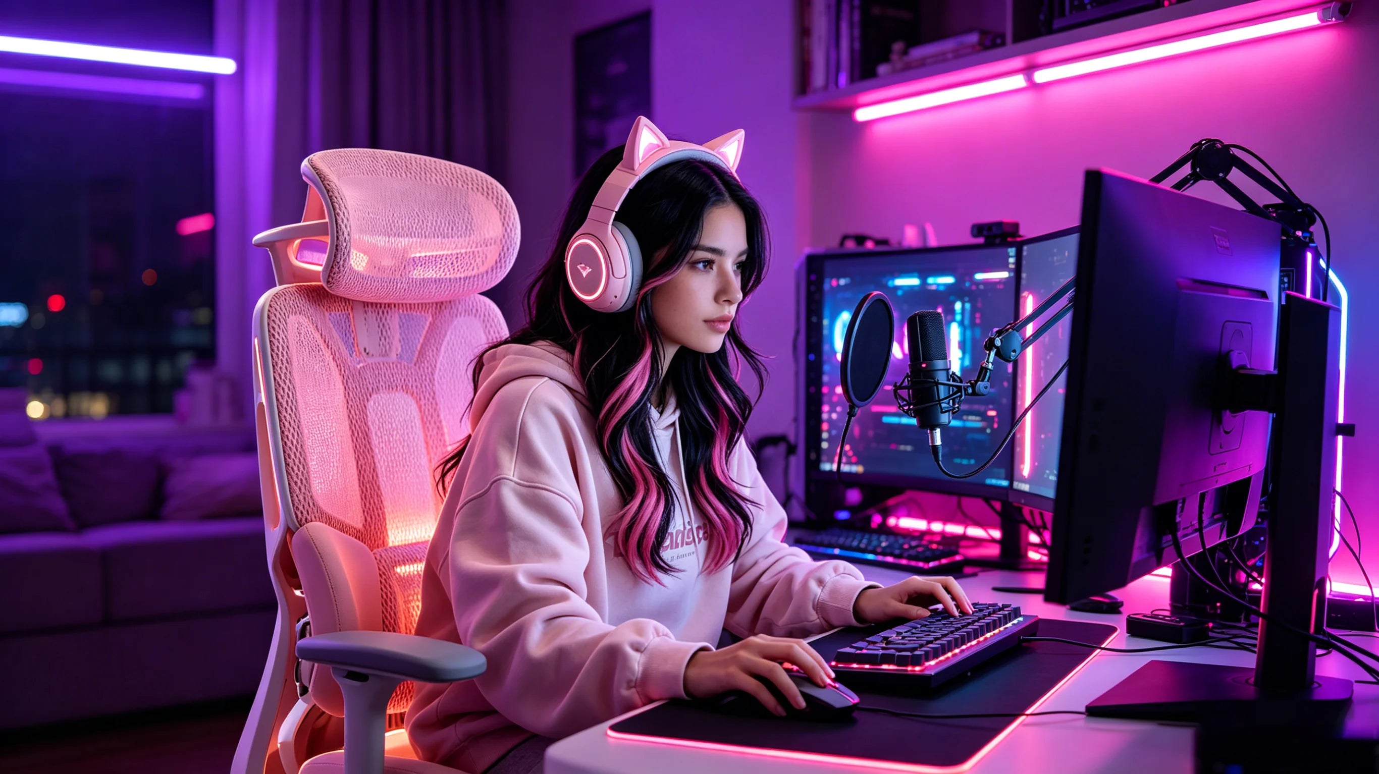 Hana during a live Twitch stream sitting in her pink [ergonomic gaming chair].
