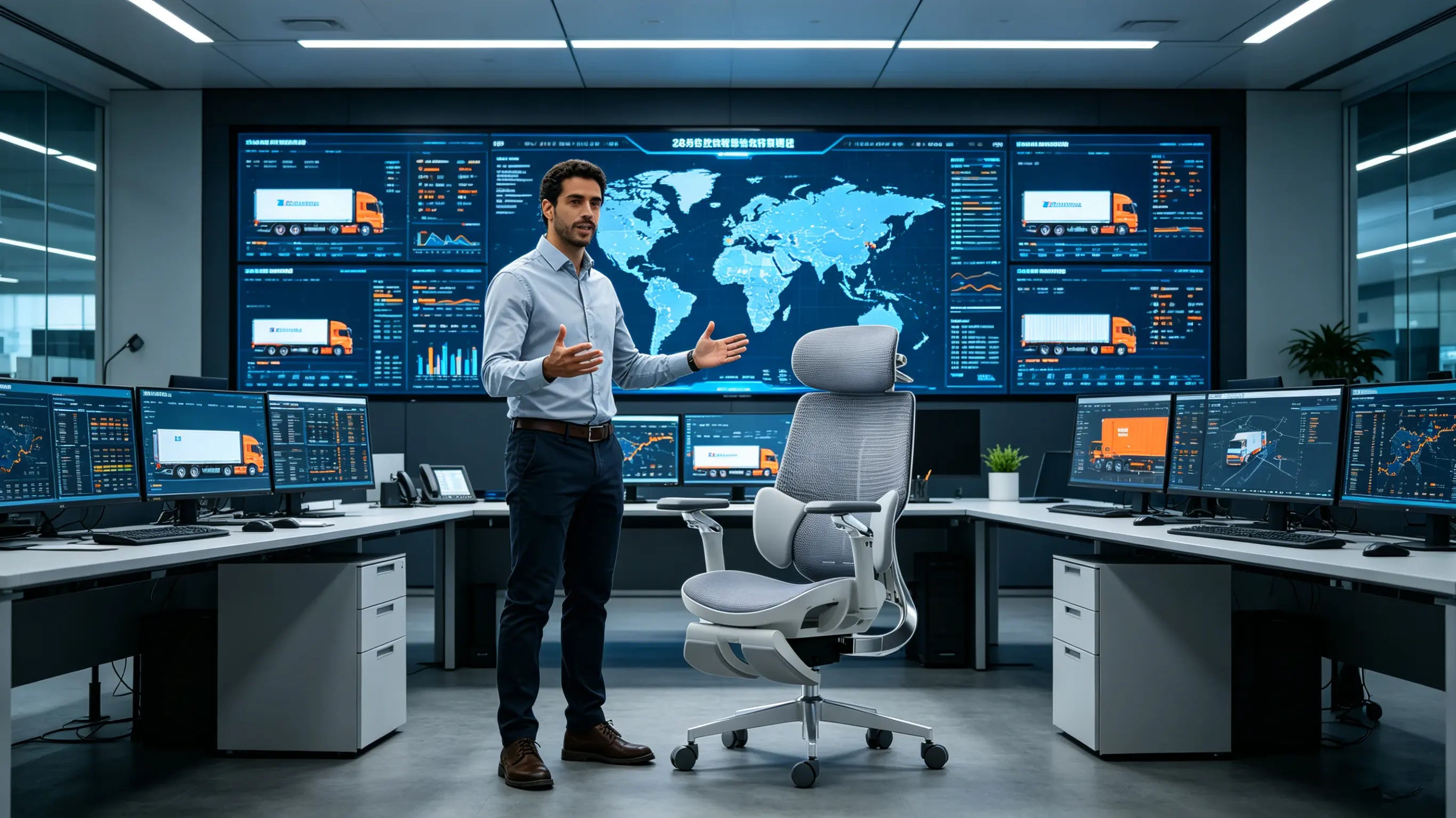 Adrián, un coordinador de logística de 28 años, monitorizando flotas globales sentado en su silla ergonómica Ergo Select en Valencia.