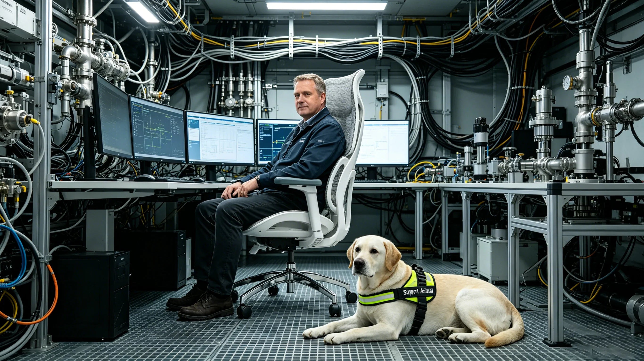 Full body shot of Dr. Alistair, a Caucasian deep-sea engineer, sitting deeply in the [ergonomic mesh chair] inside a maritime control room, total body visible.