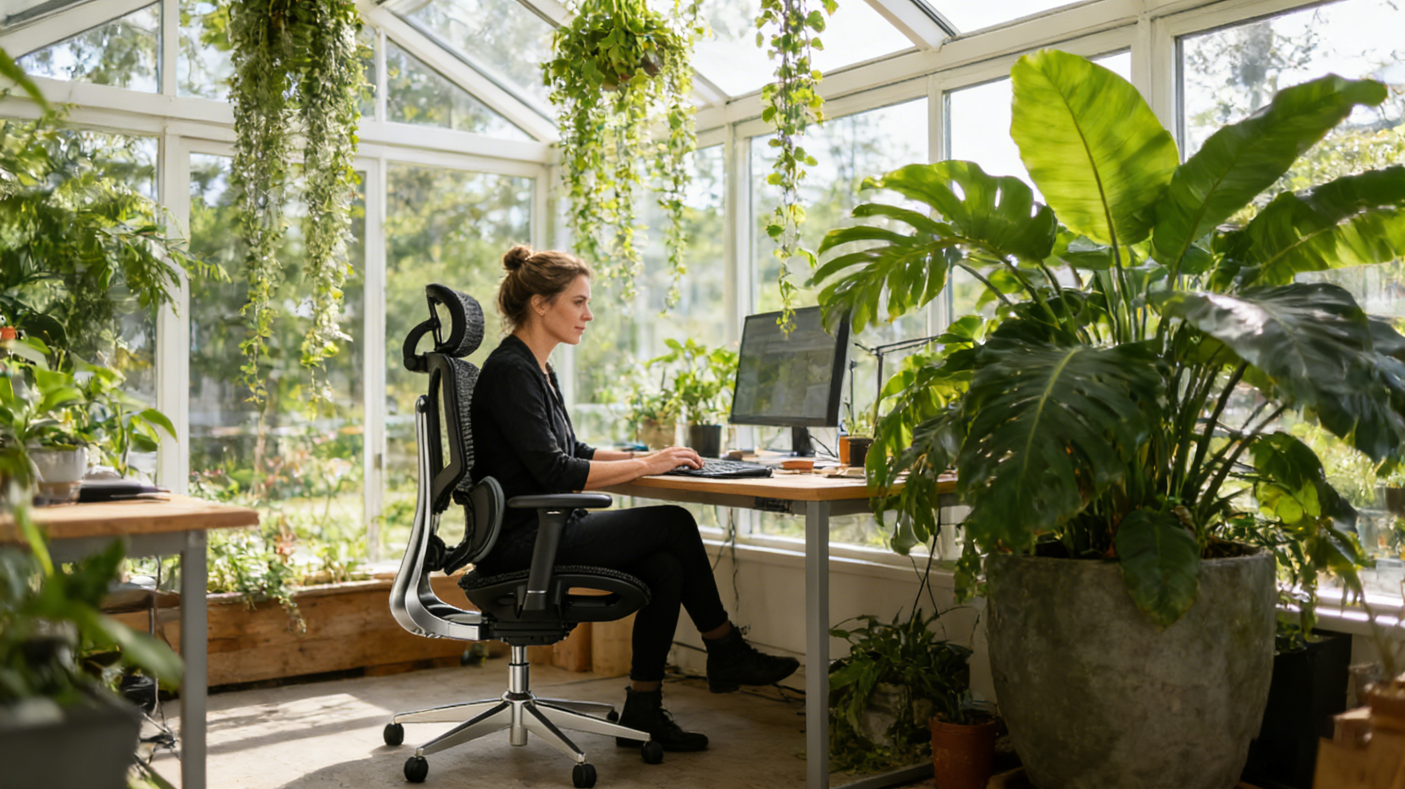 Demonstration of the 90-degree flip-up armrests allowing the chair to slide under compact desks.