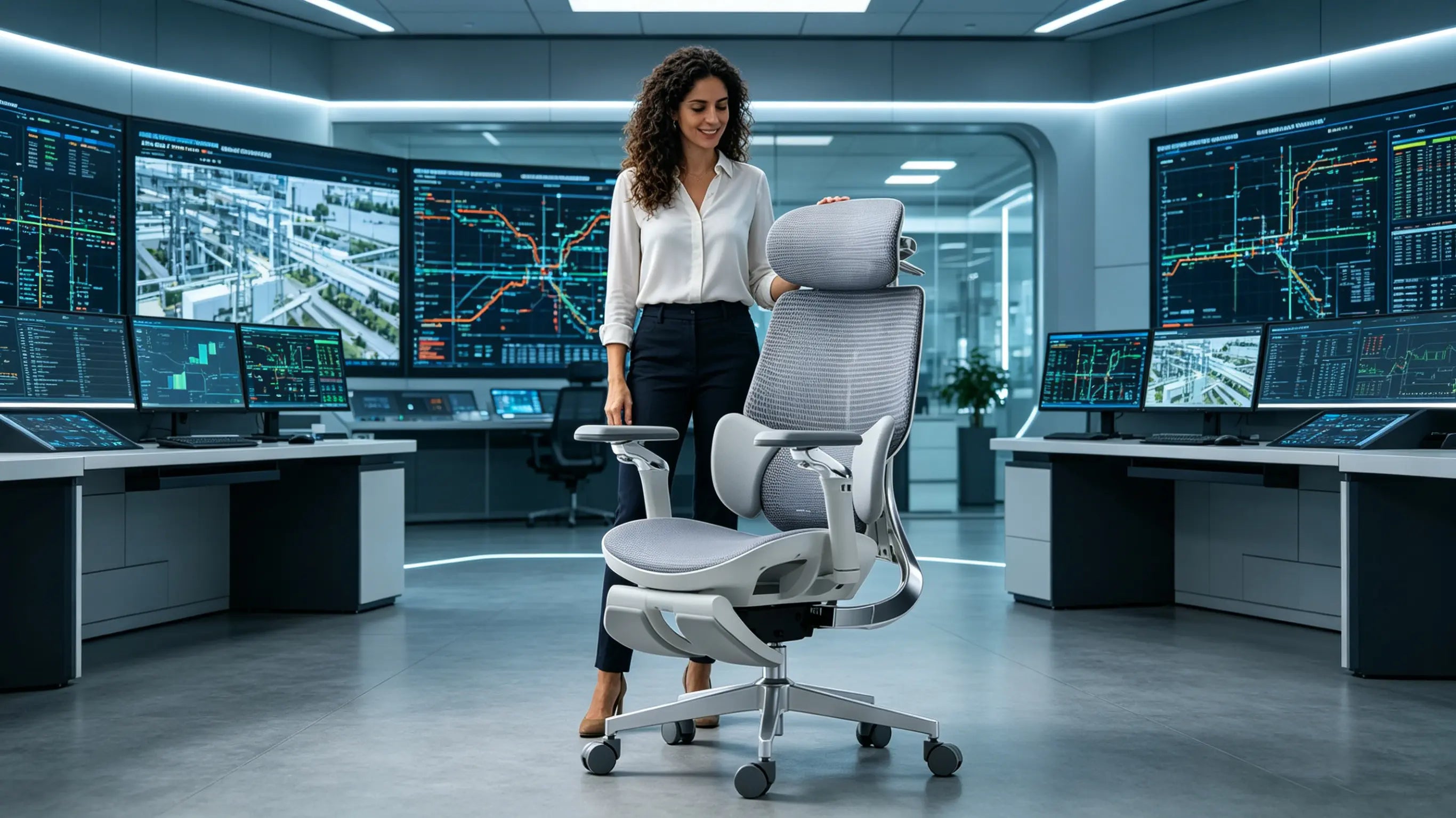 Doña Beatriz, una analista de red eléctrica de 35 años, monitorizando flujos de energía sentada en su ergonomic office chair Ergo Select en Madrid.