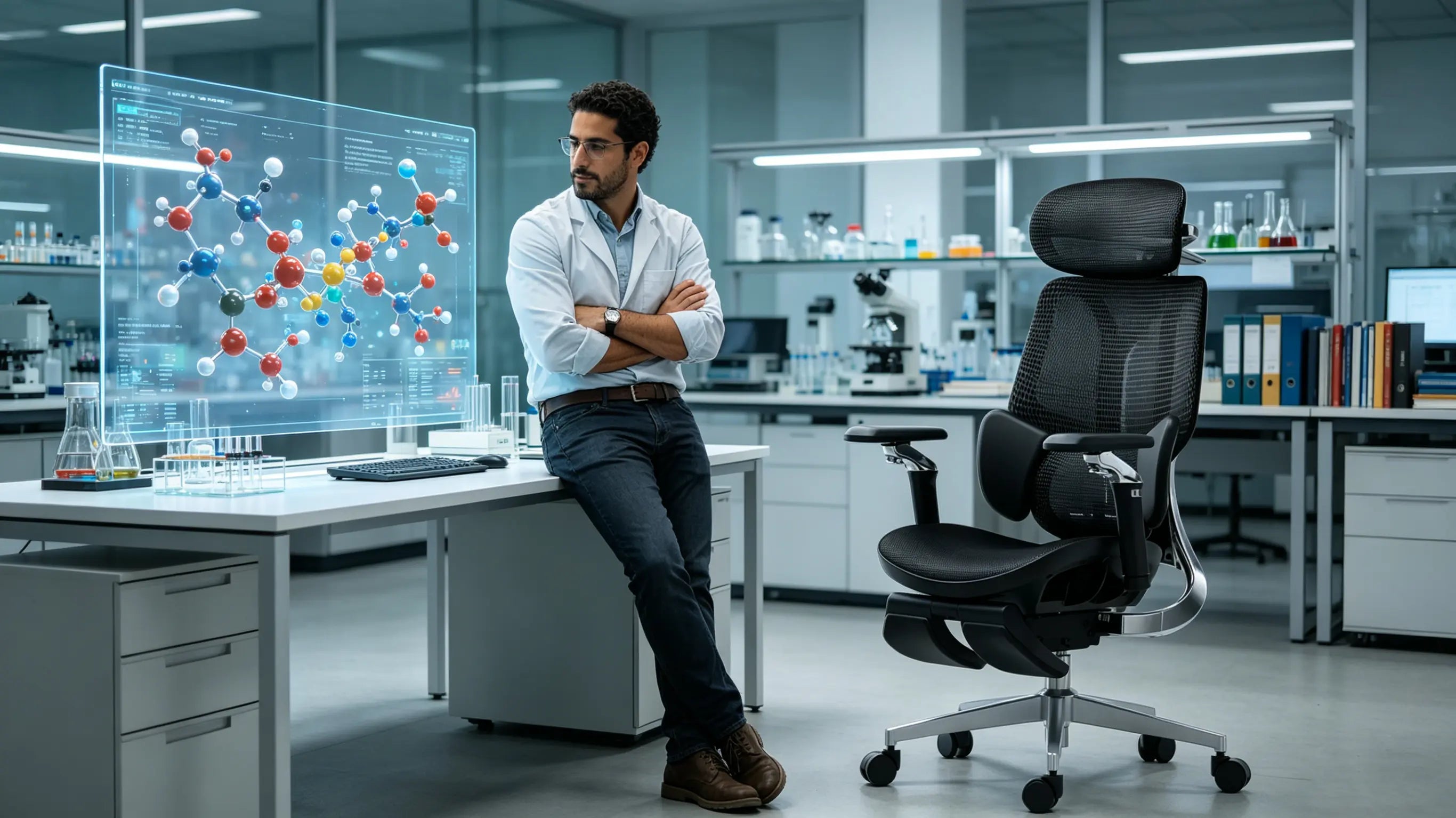 Don Marc, un científico de materiales de 34 años, analizando estructuras moleculares sentado en su ergonomic office chair Ergo Select en Barcelona.