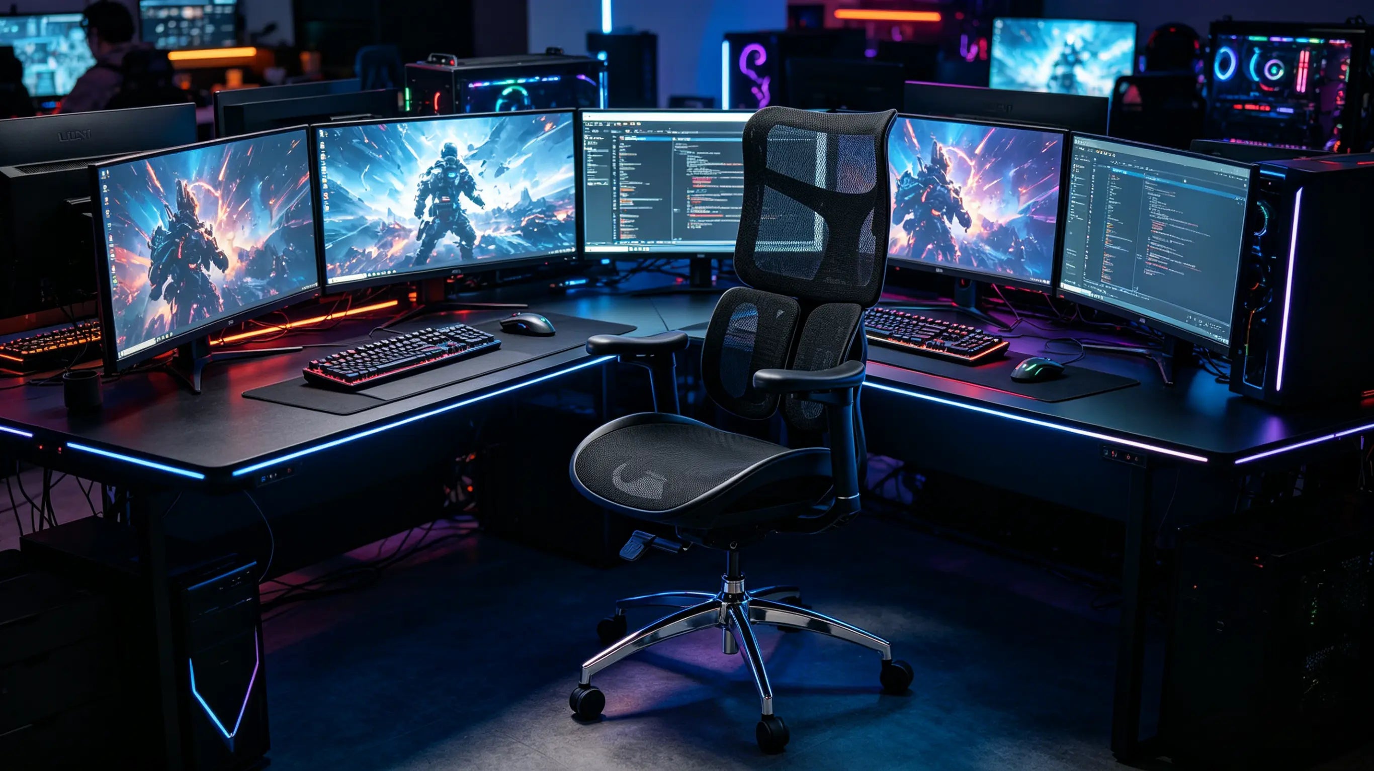 The Ergo Select Hybrid, a high-performance ergonomic office chair for long hours, featured in a professional game guide creator's studio.