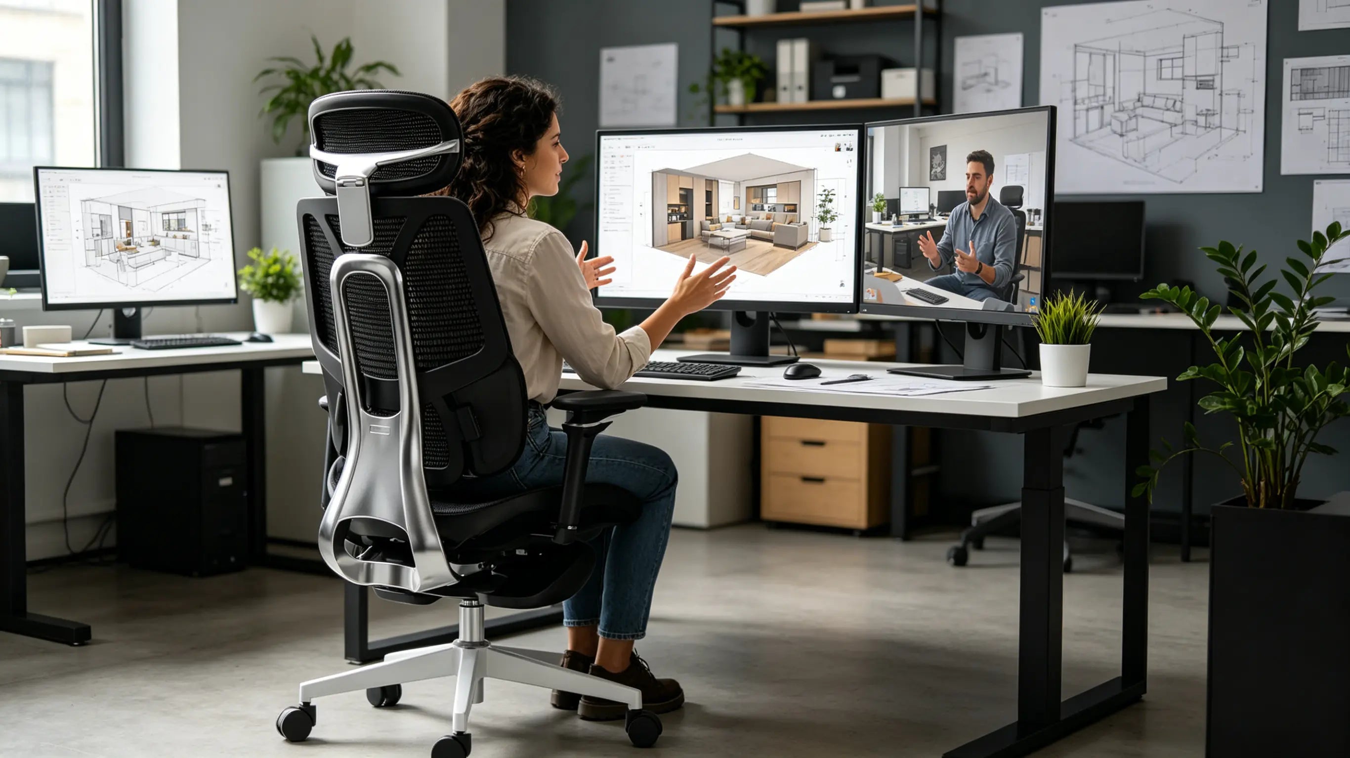 Pilar, una diseñadora de interiores de 31 años, trabajando en un renderizado 3D sentada en su silla oficina Ergo Select en Madrid.