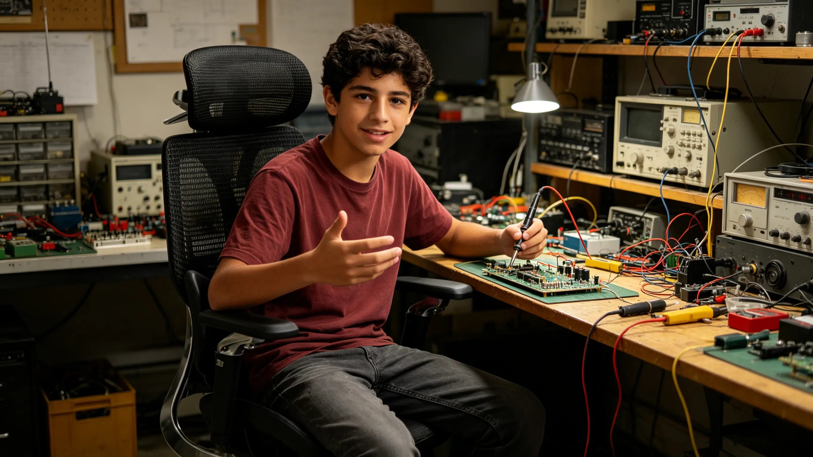 Álvaro, un radioaficionado de 16 años, soldando una placa de circuito sentado en su silla ergonómica Ergo Select en Madrid.