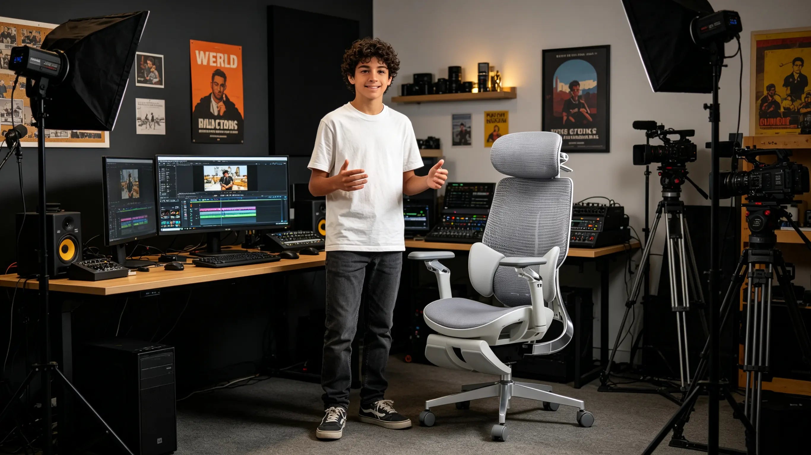 Marcos, un joven vlogger de 13 años, editando su último vídeo sentado en su silla ergonómica Ergo Select en Madrid.