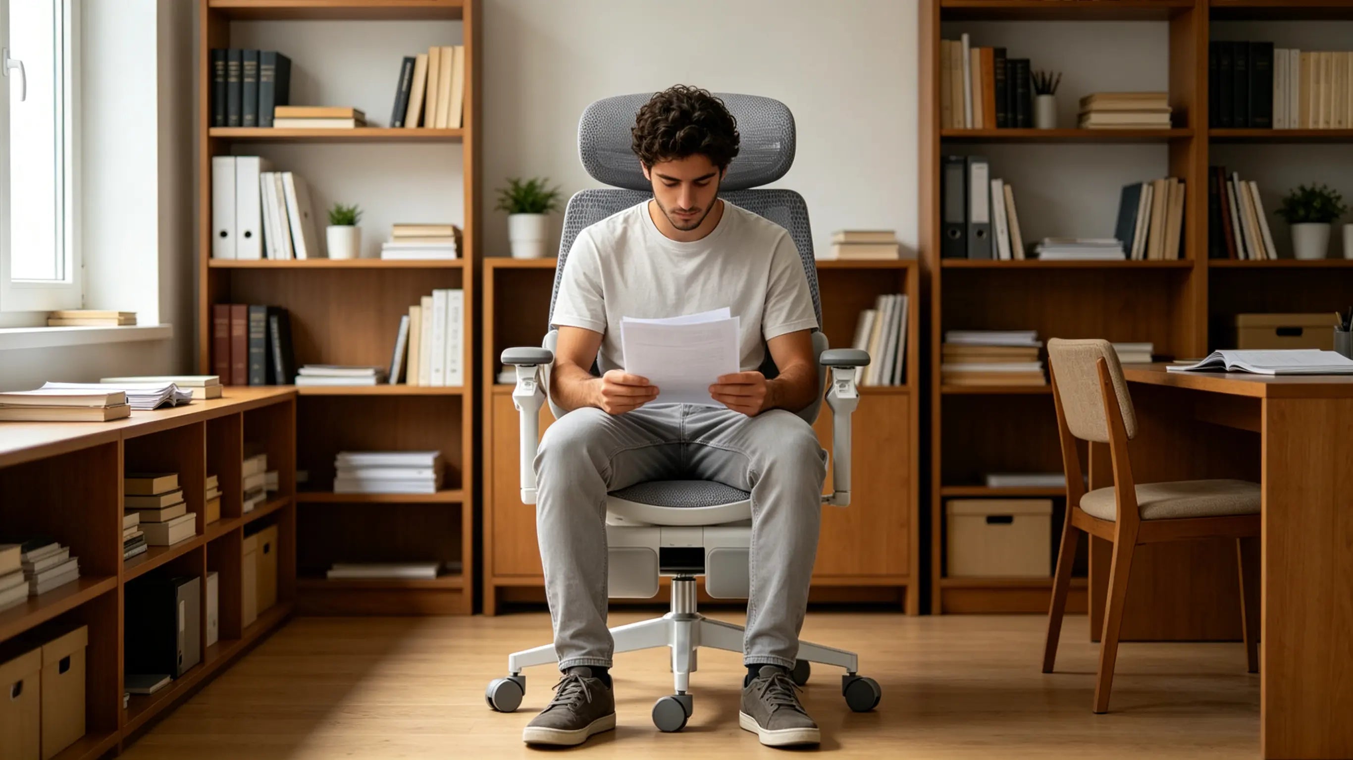 Diego estudiando para las oposiciones sentado en su silla oficina Ergo Select con soporte lumbar ajustable en Sevilla.