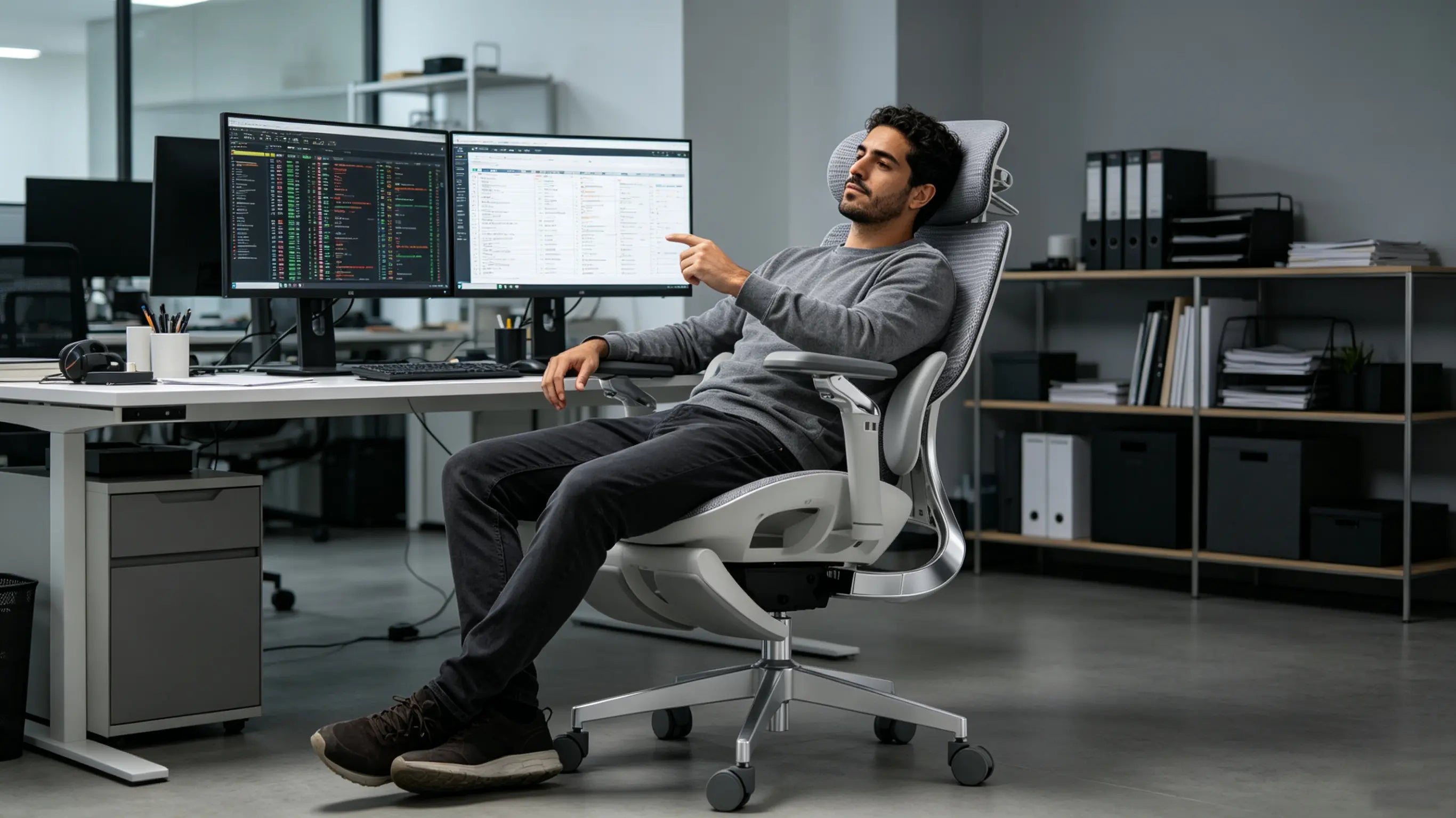 Iago, diseñador de sistemas de 34 años, ajustando hojas de cálculo sentado en su ergonomic office chair Ergo Select en Madrid.