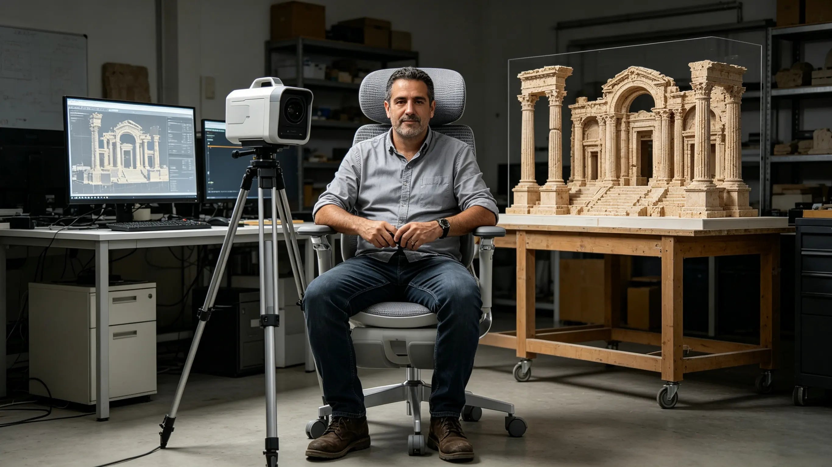 Jordi, experto de 52 años, realizando modelado 3D de una catedral sentado en su ergonomic office chair Ergo Select en Barcelona.