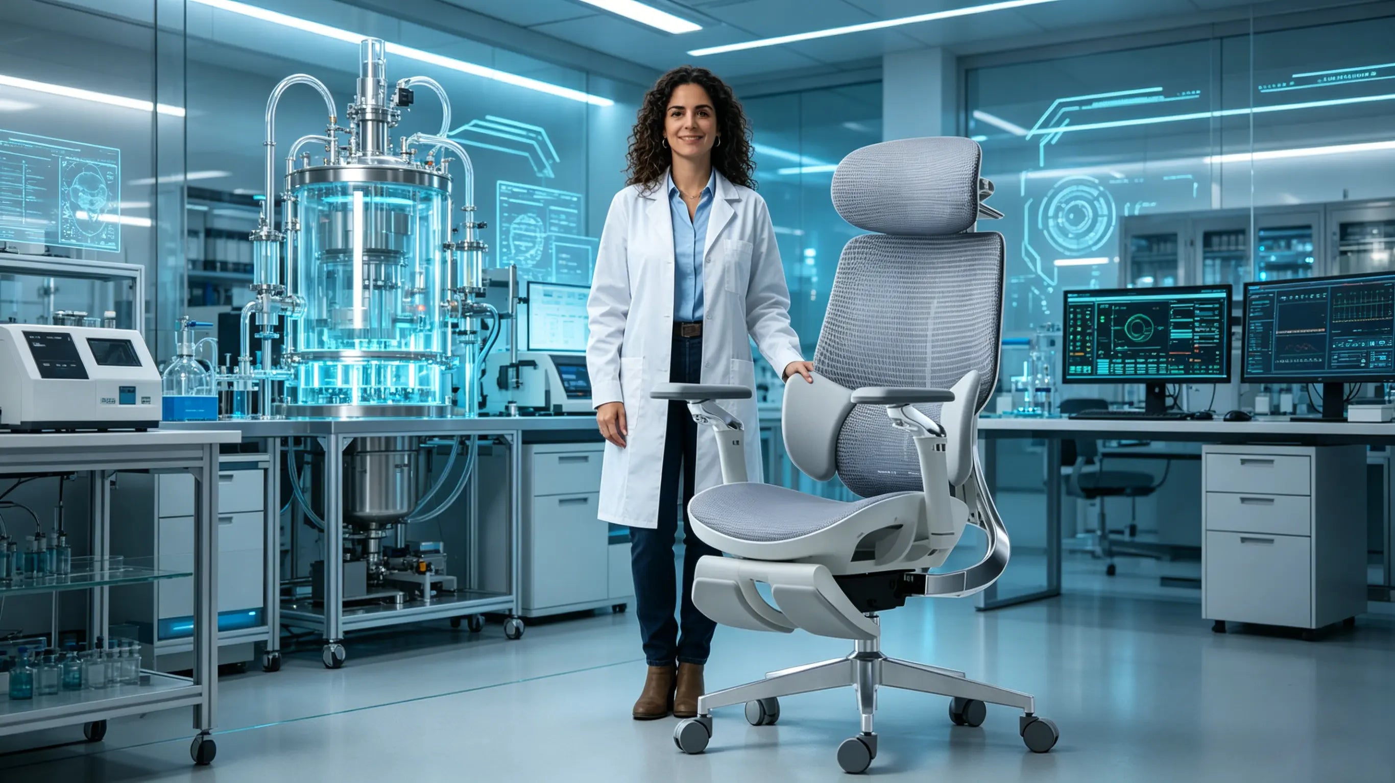 Doña Martina, una científica de materiales de 34 años, analizando estructuras moleculares sentada en su ergonomic office chair Ergo Select en Barcelona.