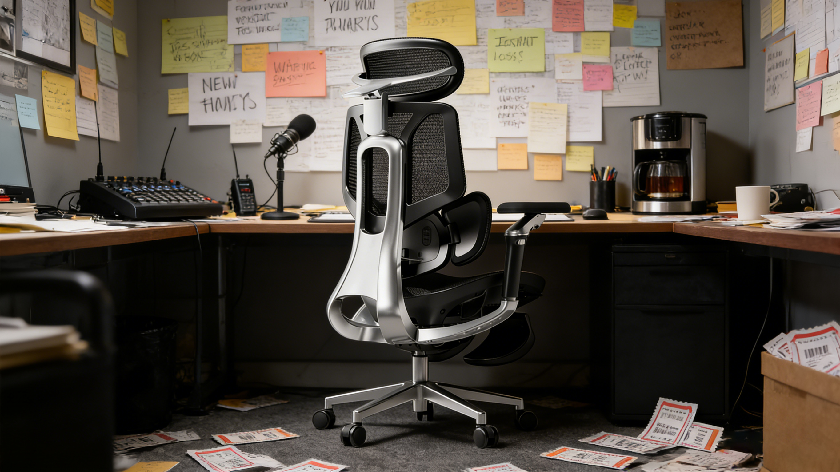 Chair desk ergonomics view showing the reinforced S-shaped backrest design.